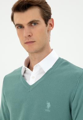 Erkek Slim Fit V Yaka Mint Basic Kazak - 50288886078