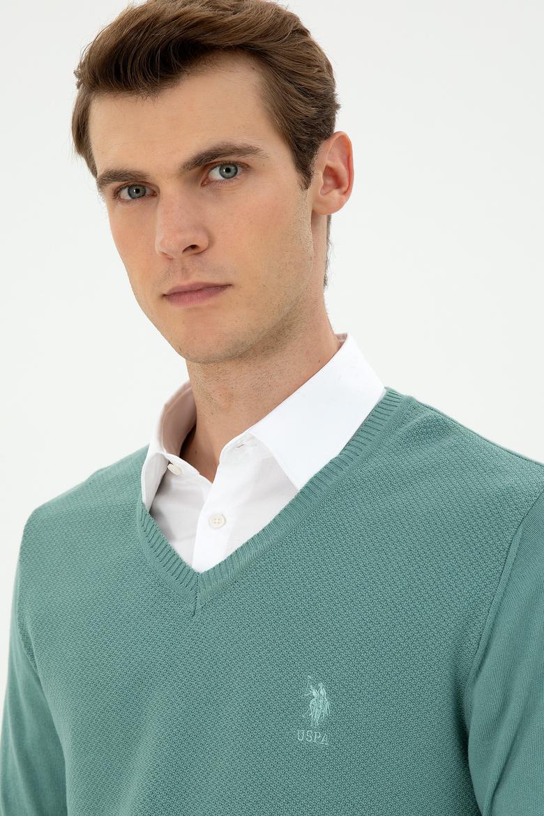 Erkek Slim Fit V Yaka Mint Basic Kazak - 50288886078