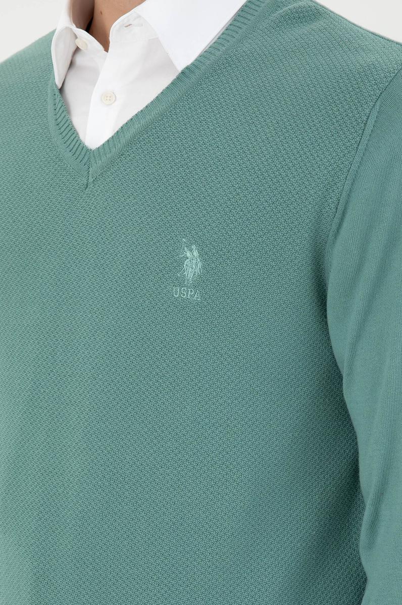 Erkek Slim Fit V Yaka Mint Basic Kazak