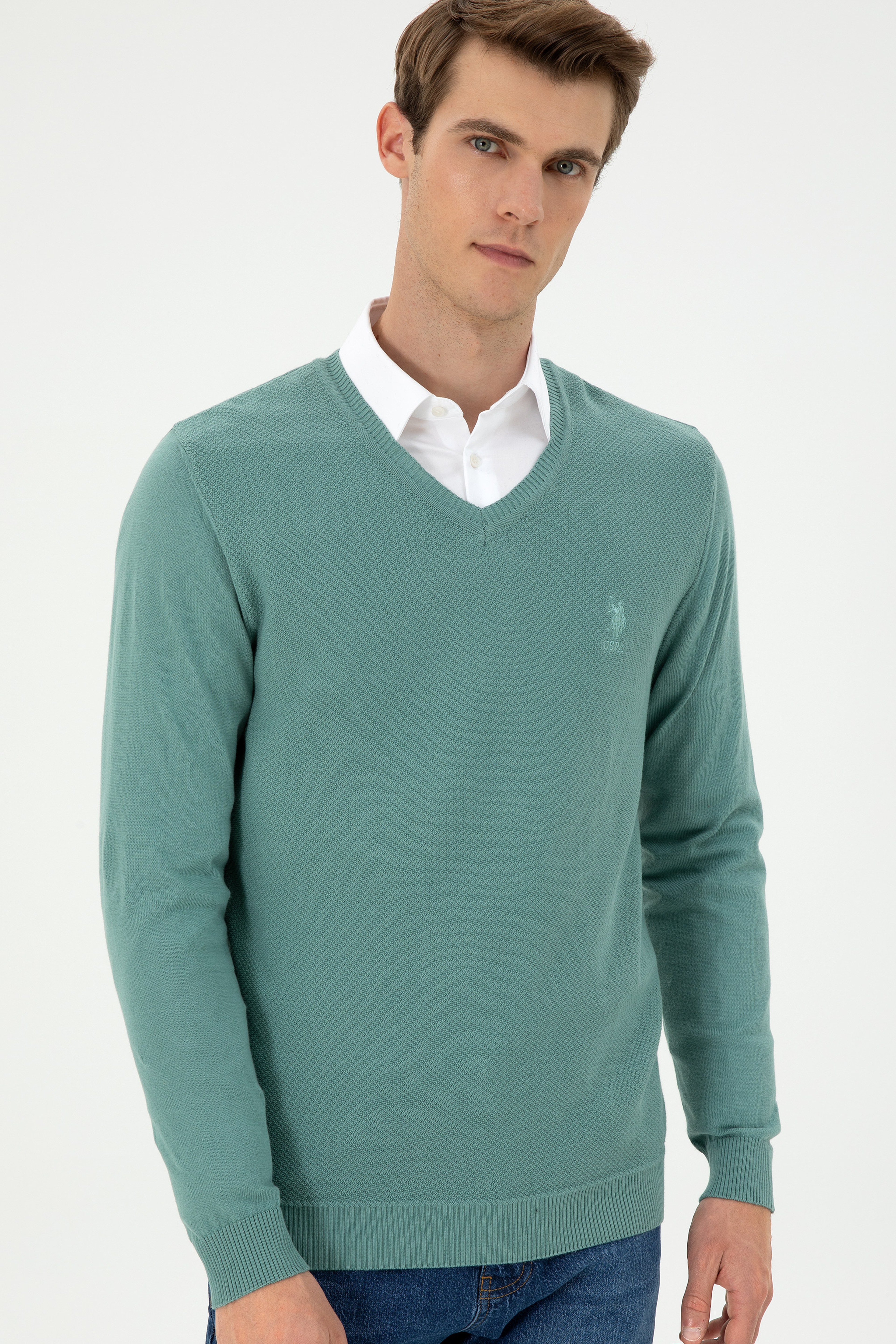 Erkek Slim Fit V Yaka Mint Basic Kazak - Image 3