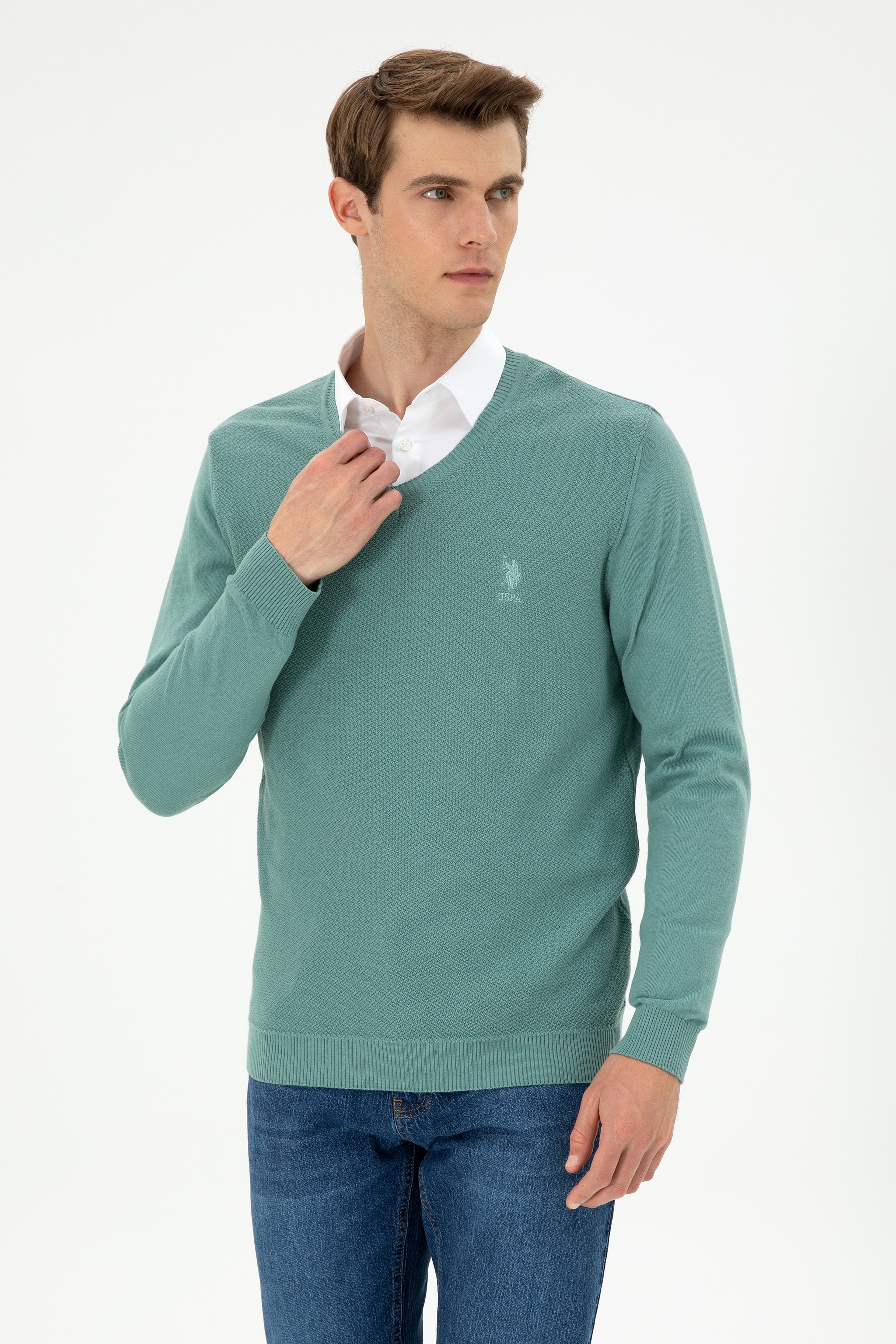 Erkek Slim Fit V Yaka Mint Basic Kazak - Image 1
