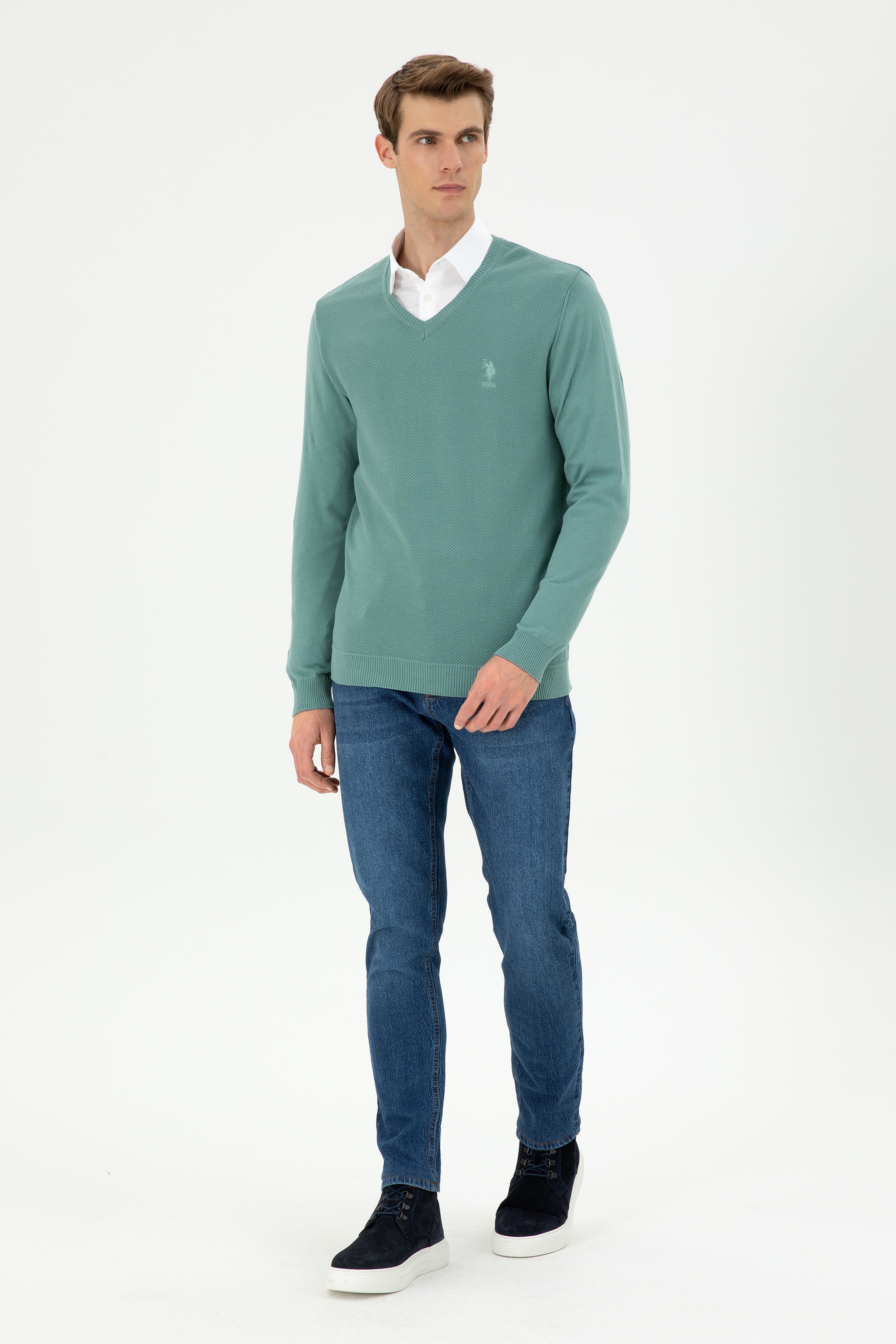 Erkek Slim Fit V Yaka Mint Basic Kazak - Image 4
