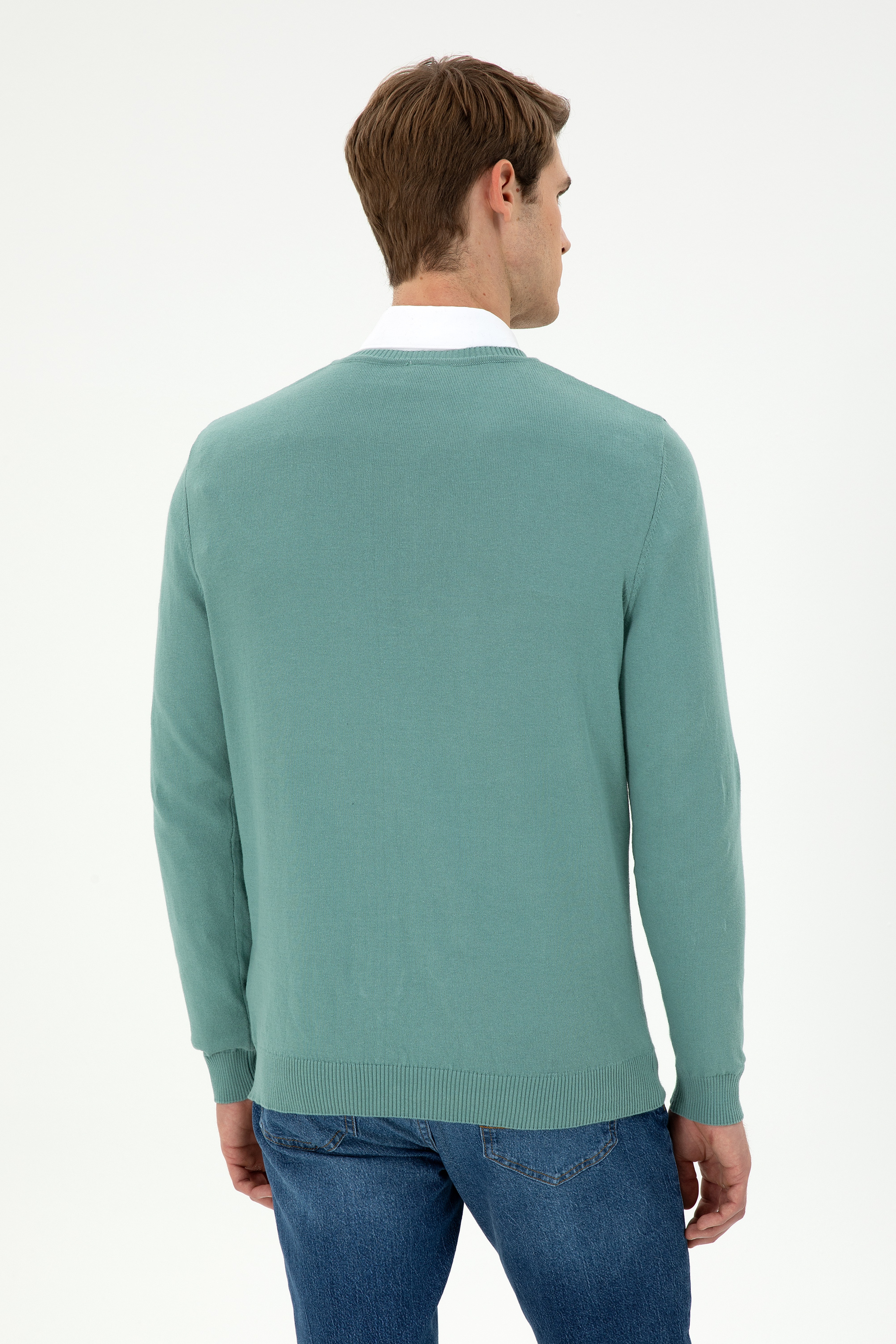 Erkek Slim Fit V Yaka Mint Basic Kazak - Image 5