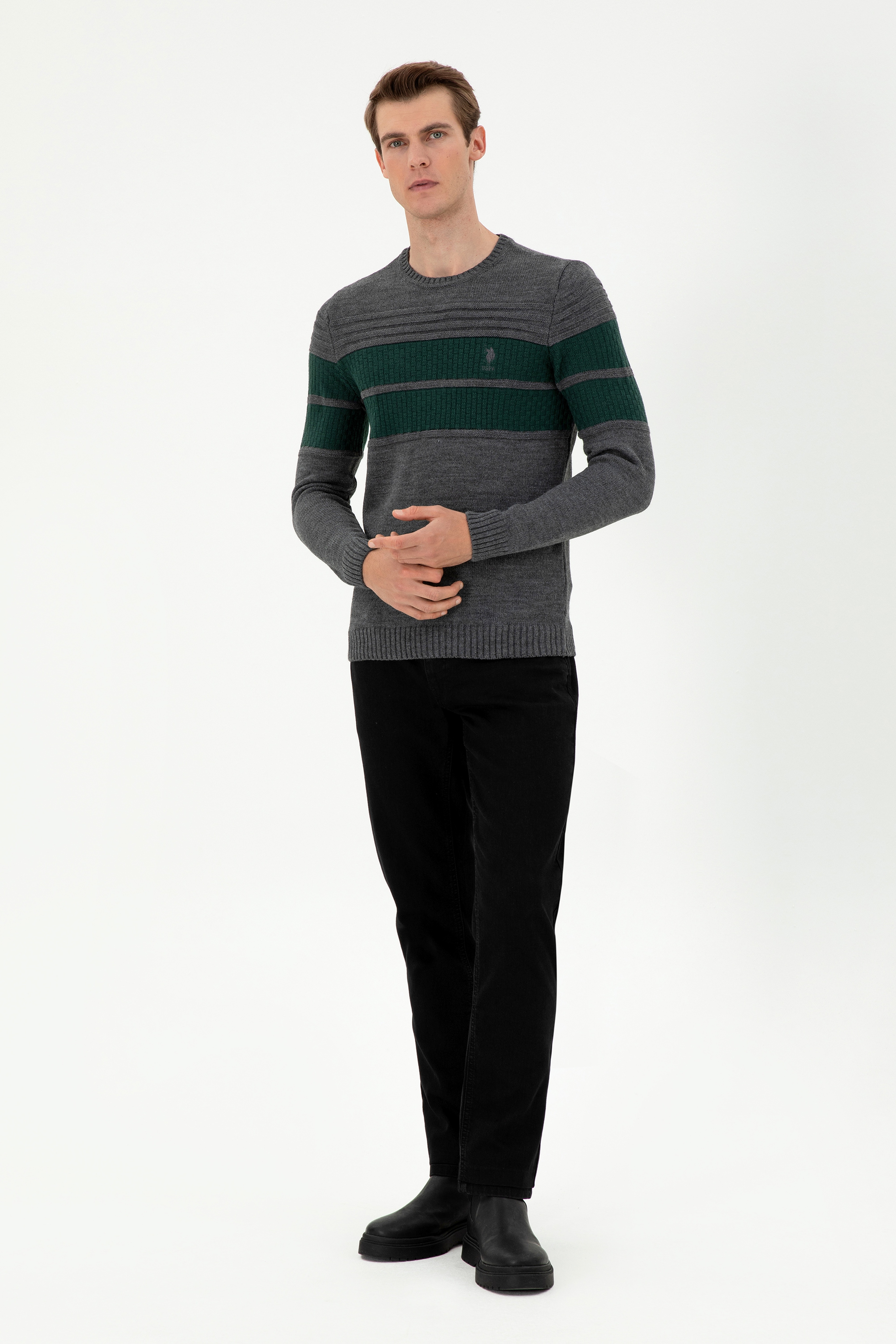 Erkek Slim Fit Bisiklet Yaka Antrasit Melanj Kazak - Image 4