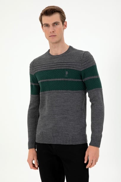 Erkek Slim Fit Bisiklet Yaka Antrasit Melanj Kazak