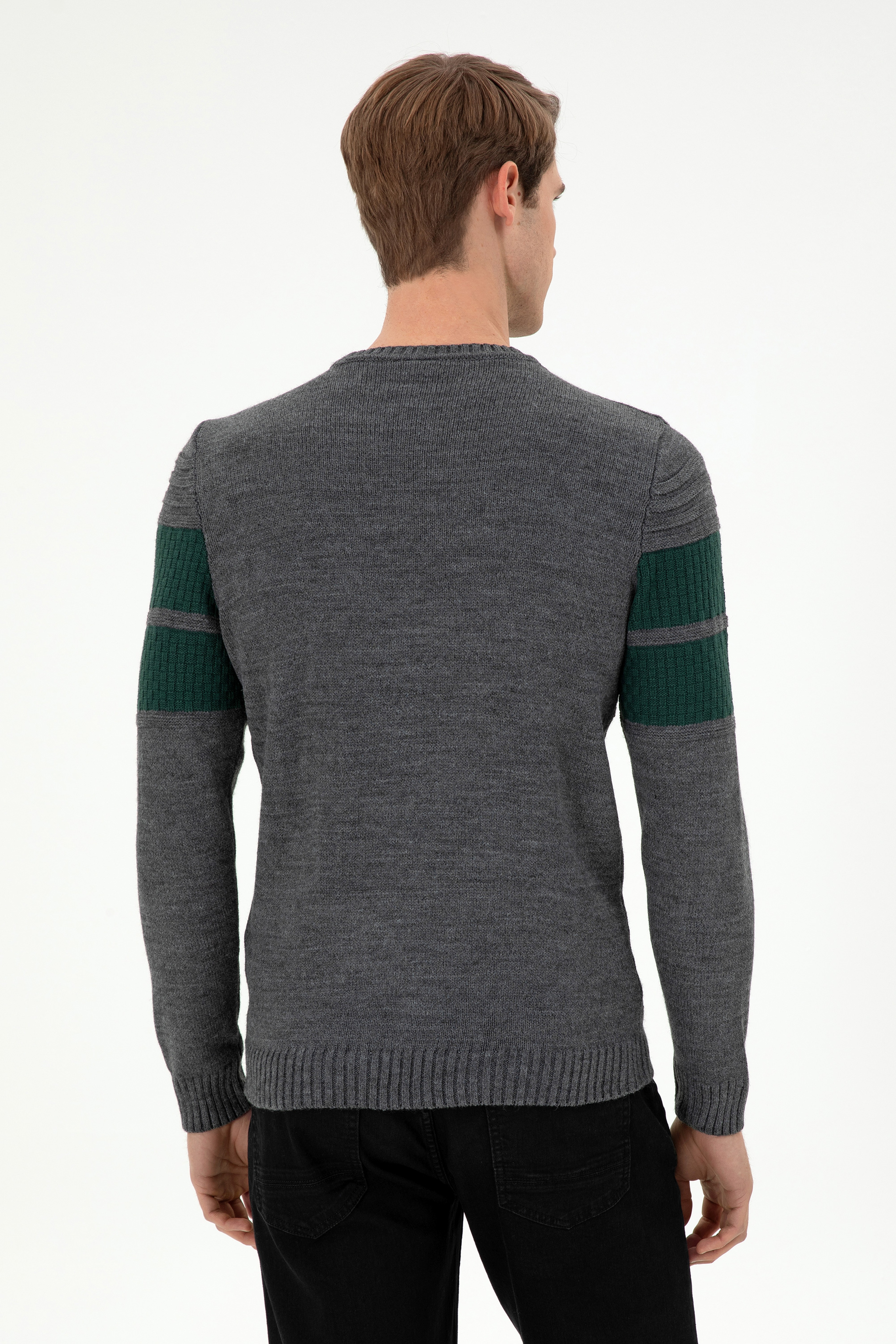 Erkek Slim Fit Bisiklet Yaka Antrasit Melanj Kazak - Image 5