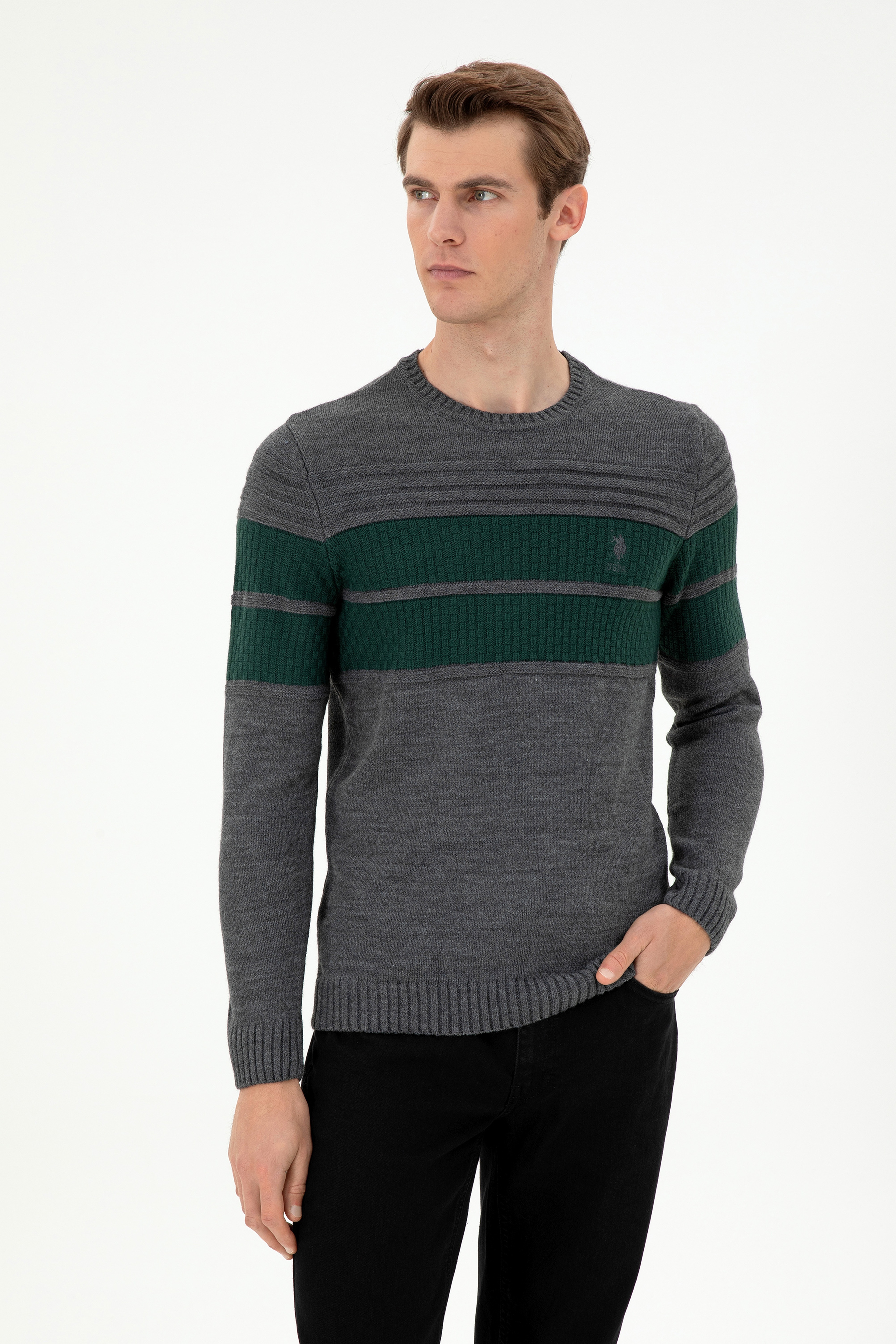 Erkek Slim Fit Bisiklet Yaka Antrasit Melanj Kazak