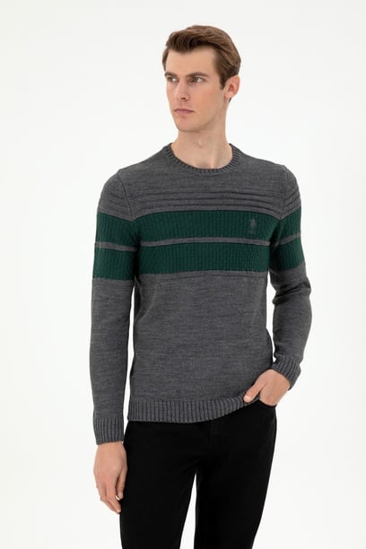 Erkek Slim Fit Bisiklet Yaka Antrasit Melanj Kazak