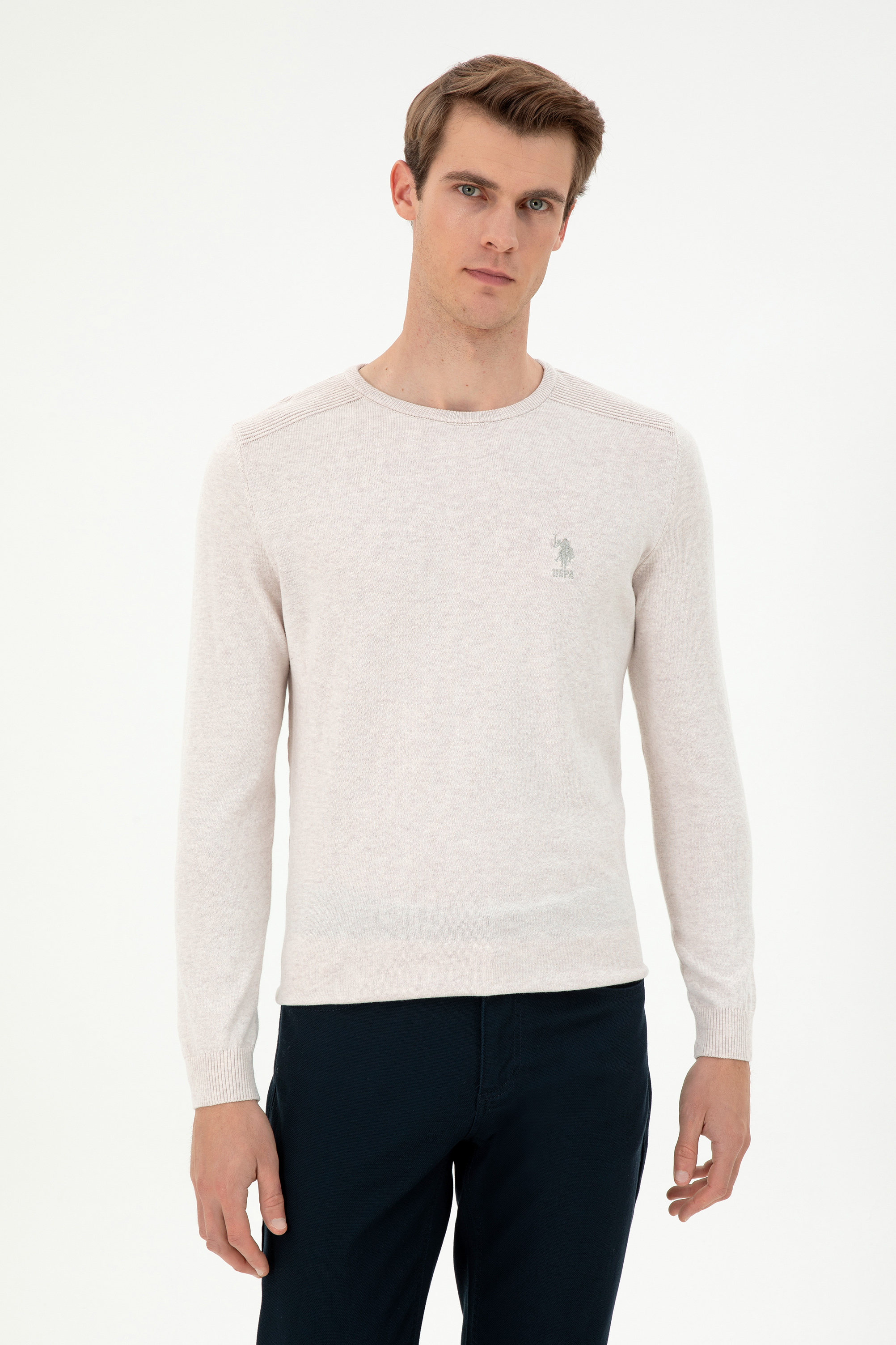 Erkek Slim Fit Bisiklet Yaka Taş Melanj Basic Kazak - Image 1
