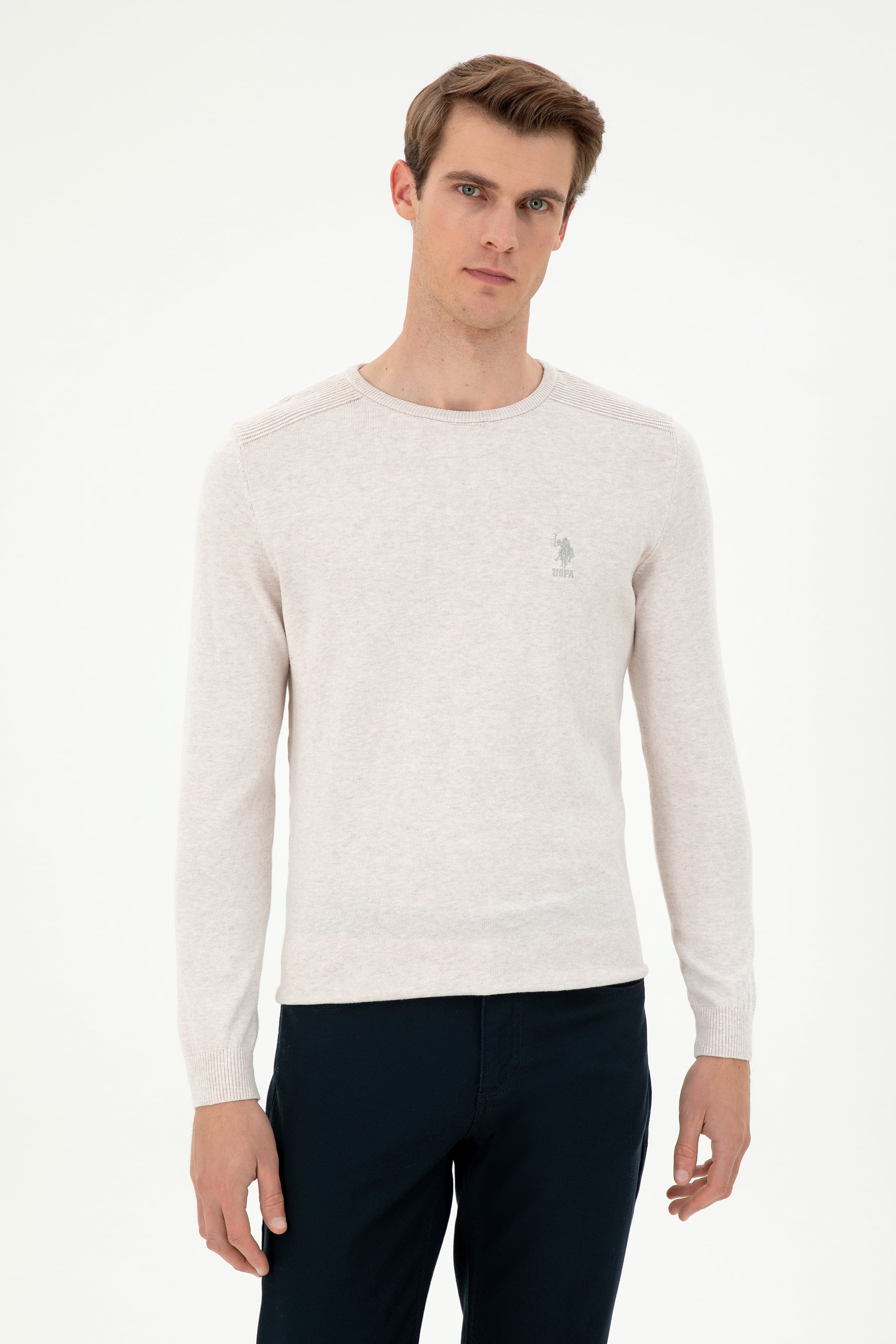 Erkek Slim Fit Bisiklet Yaka Taş Melanj Basic Kazak