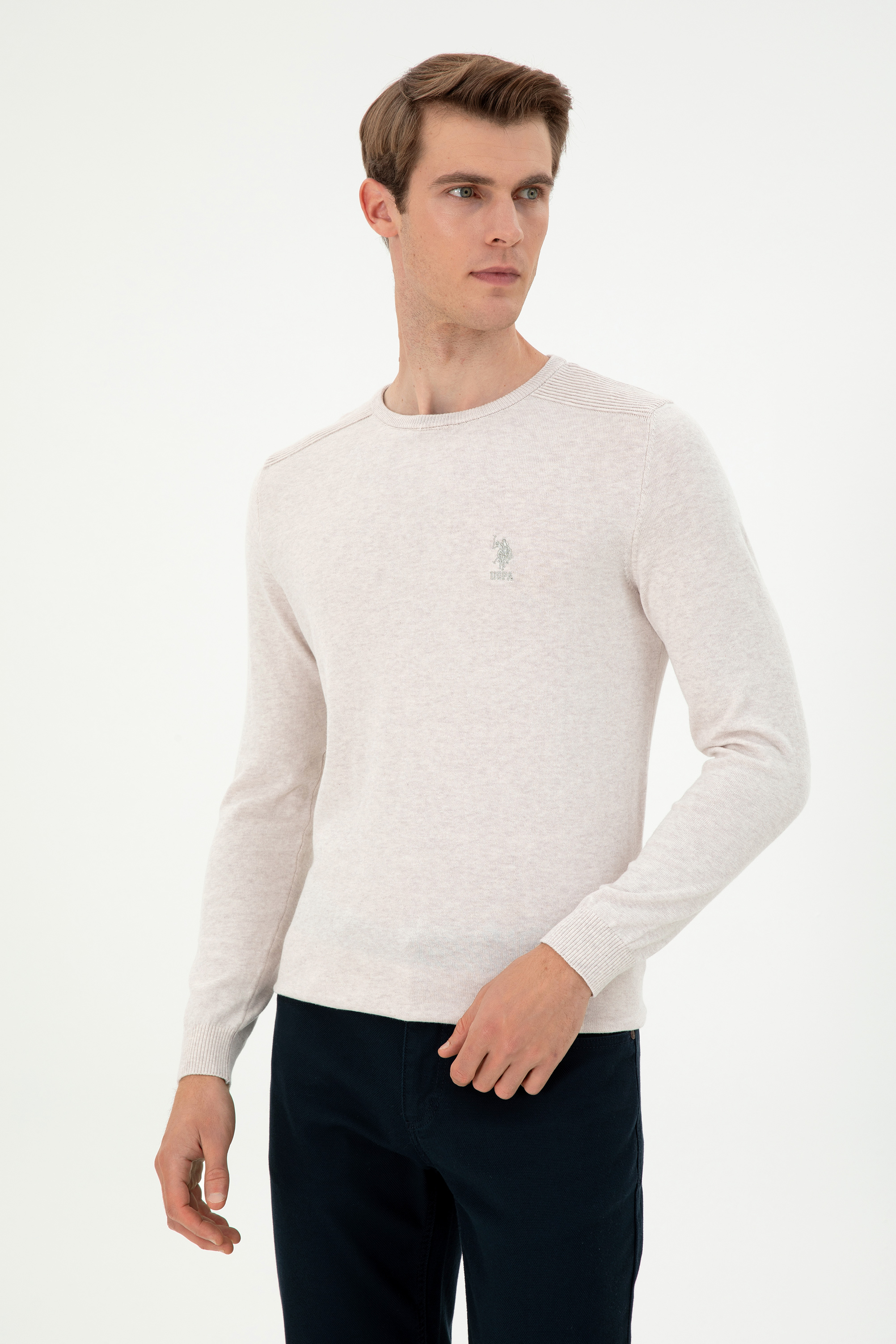 Erkek Slim Fit Bisiklet Yaka Taş Melanj Basic Kazak - Image 3