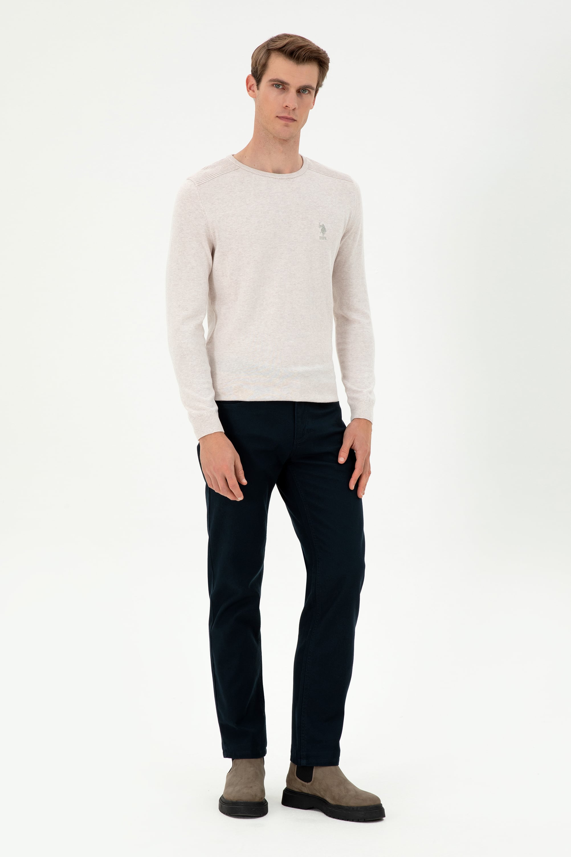 Erkek Slim Fit Bisiklet Yaka Taş Melanj Basic Kazak