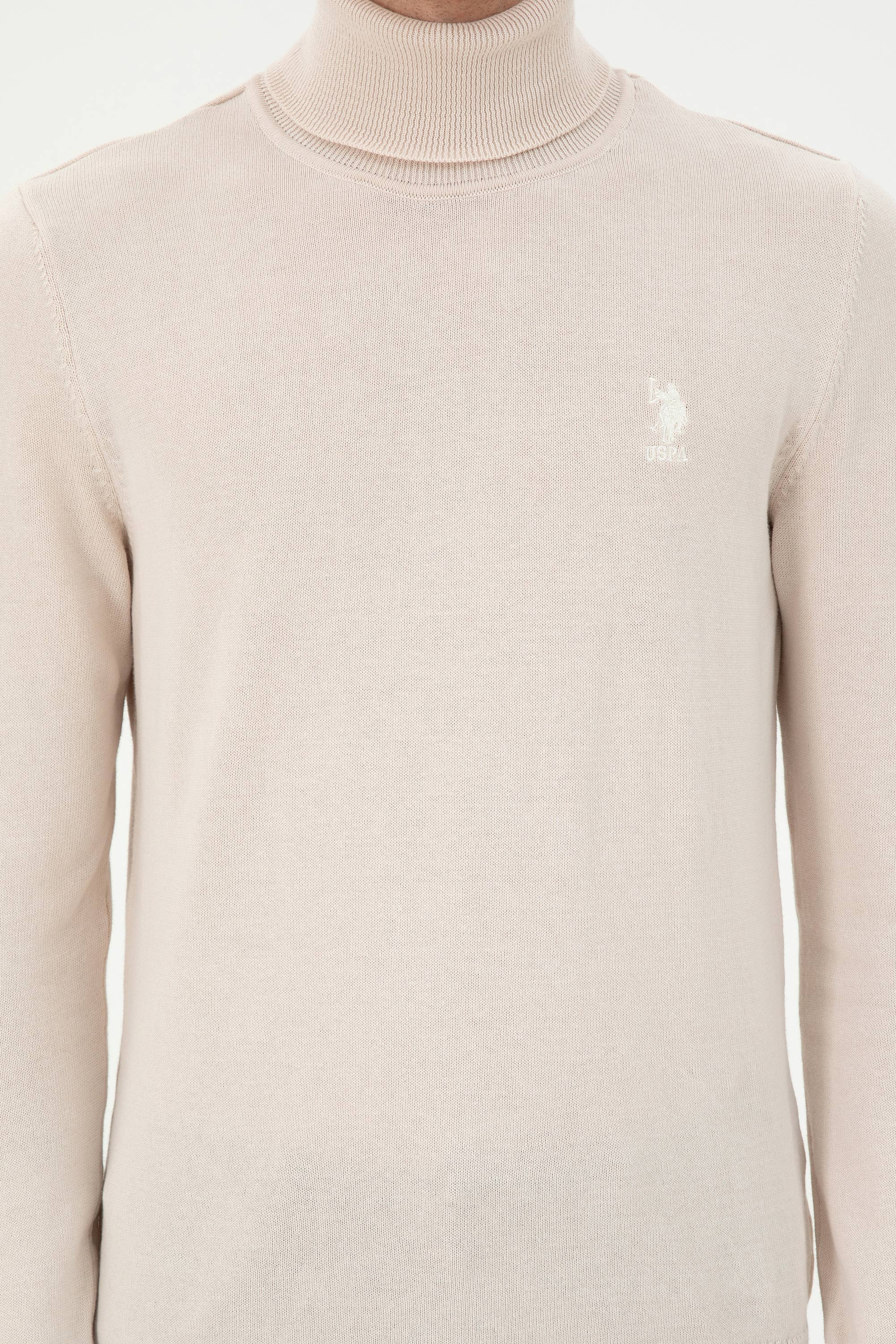 Erkek Slim Fit Boğazlı Yaka Krem Melanj Basic Kazak - Image 6
