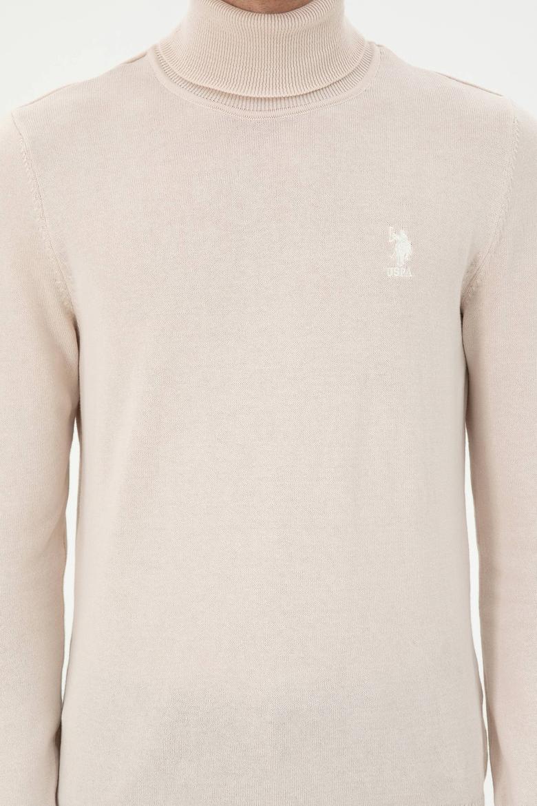 Erkek Slim Fit Boğazlı Yaka Krem Melanj Basic Kazak - 50288884015