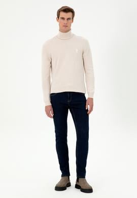 Erkek Slim Fit Boğazlı Yaka Krem Melanj Basic Kazak - 50288884015