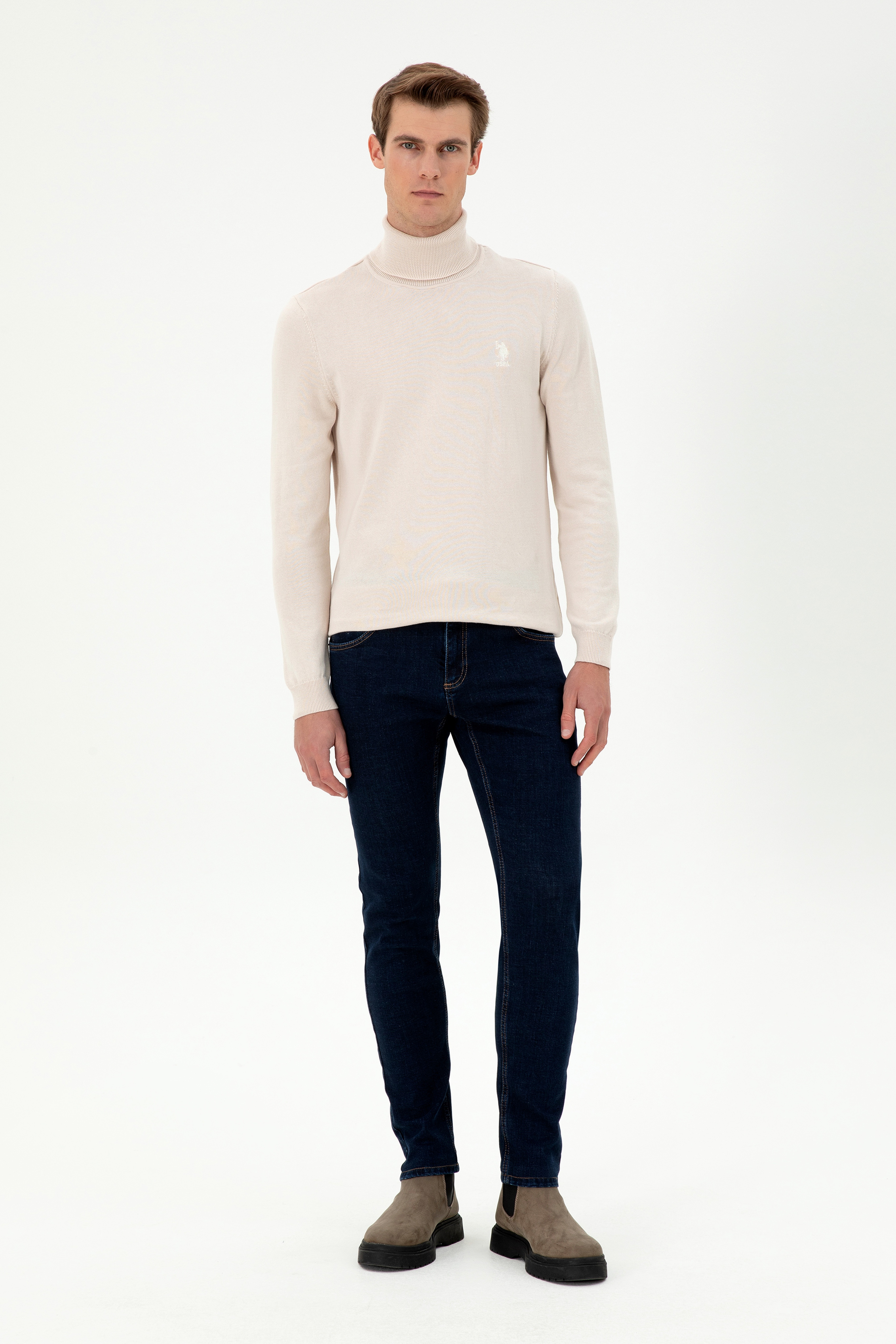 Erkek Slim Fit Boğazlı Yaka Krem Melanj Basic Kazak