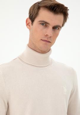 Erkek Slim Fit Boğazlı Yaka Krem Melanj Basic Kazak - 50288884015