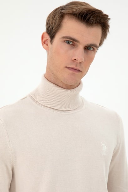 Erkek Slim Fit Boğazlı Yaka Krem Melanj Basic Kazak