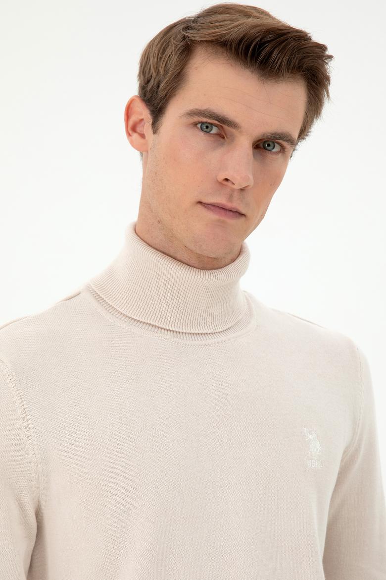 Erkek Slim Fit Boğazlı Yaka Krem Melanj Basic Kazak - 50288884015