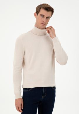 Erkek Slim Fit Boğazlı Yaka Krem Melanj Basic Kazak - 50288884015