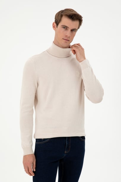 Erkek Slim Fit Boğazlı Yaka Krem Melanj Basic Kazak