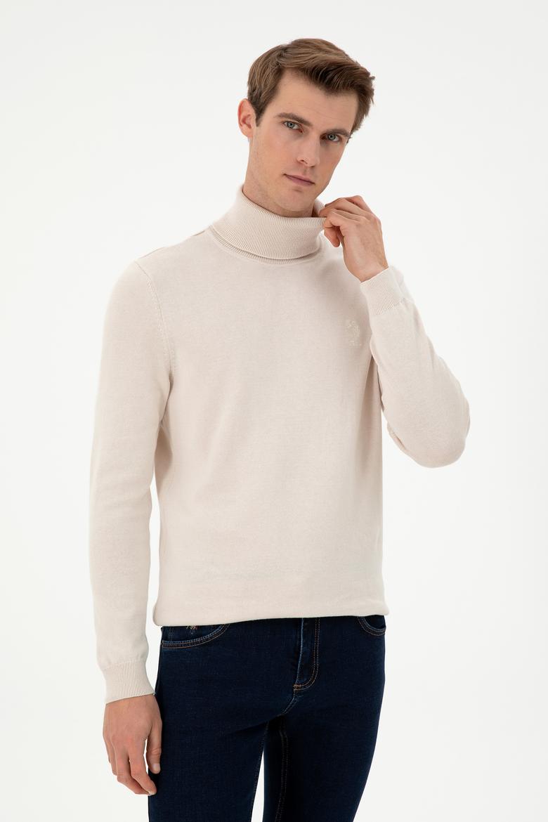 Erkek Slim Fit Boğazlı Yaka Krem Melanj Basic Kazak - 50288884015