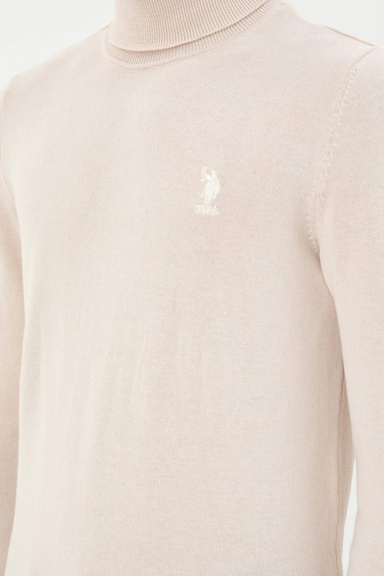 Erkek Slim Fit Boğazlı Yaka Krem Melanj Basic Kazak - 50288884015