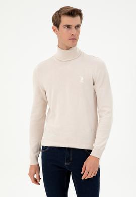 Erkek Slim Fit Boğazlı Yaka Krem Melanj Basic Kazak - 50288884015