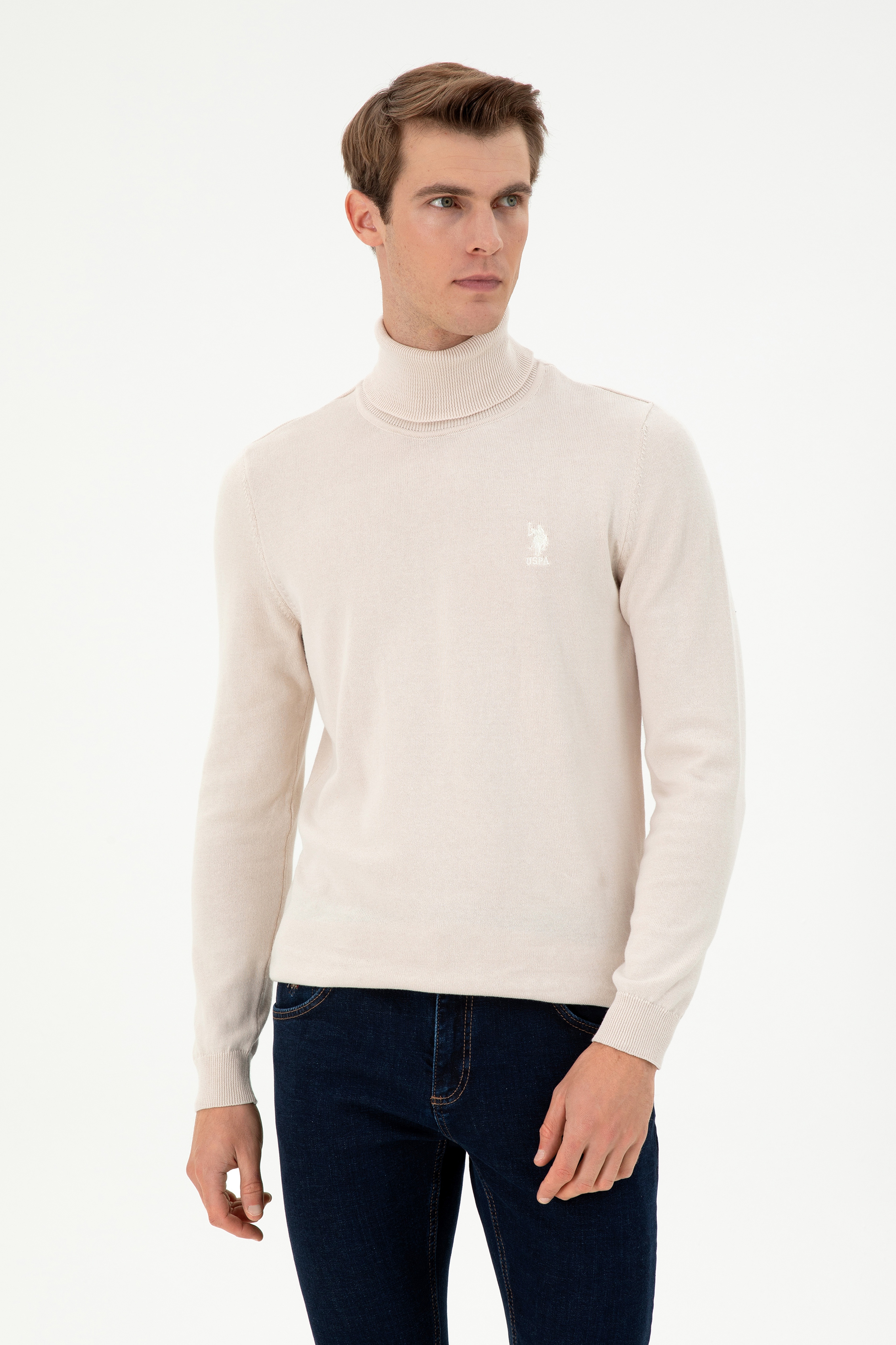 Erkek Slim Fit Boğazlı Yaka Krem Melanj Basic Kazak - Image 1