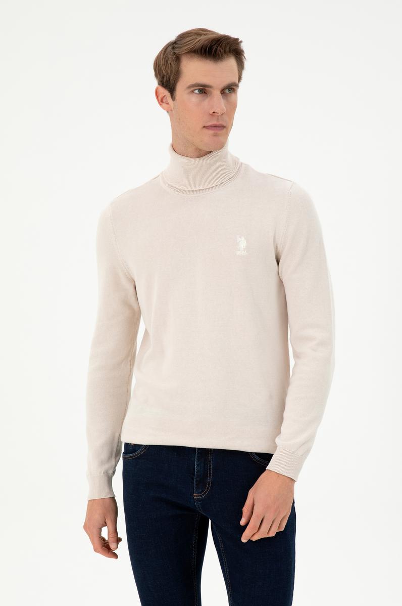 Erkek Slim Fit Boğazlı Yaka Krem Melanj Basic Kazak