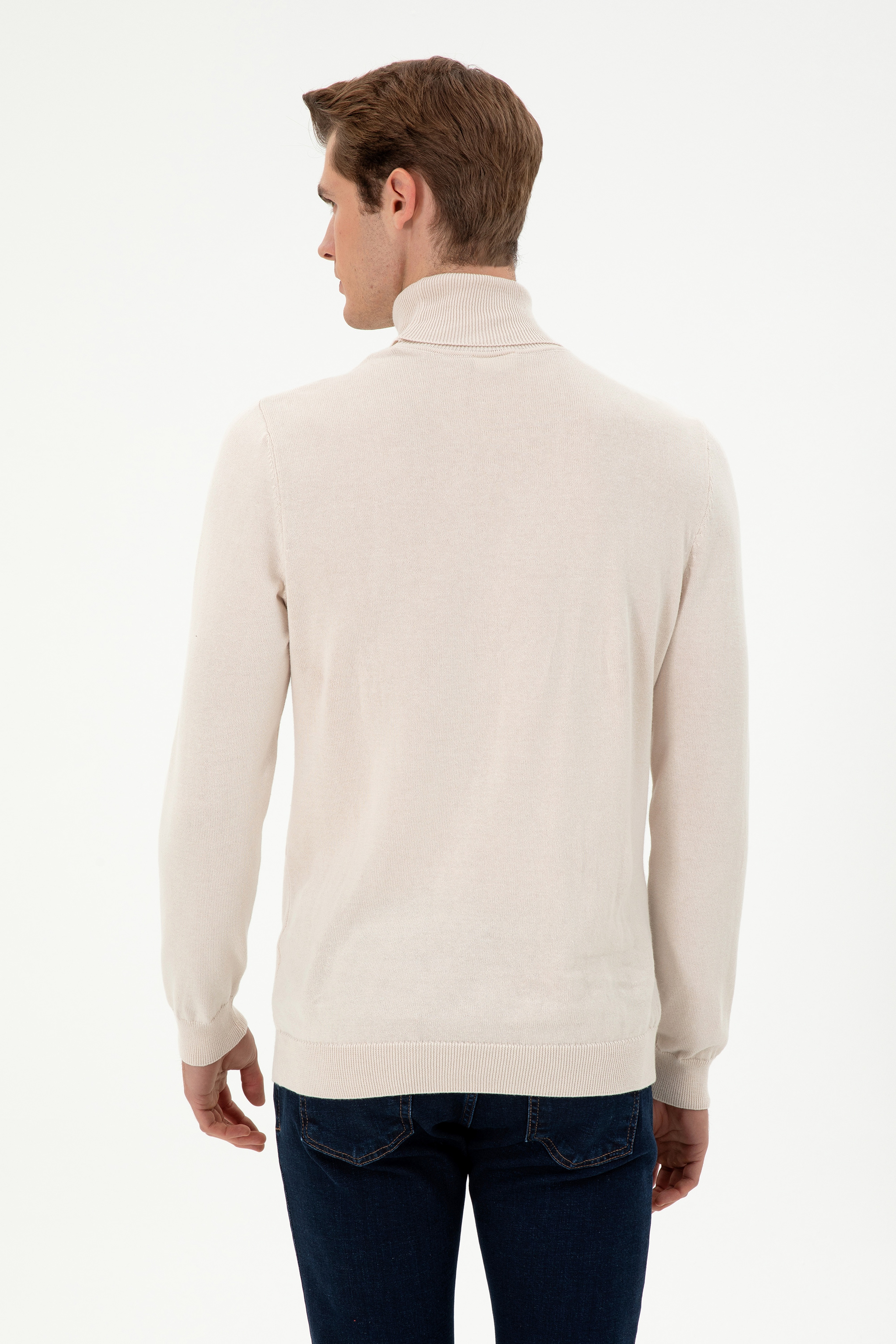 Erkek Slim Fit Boğazlı Yaka Krem Melanj Basic Kazak - Image 5