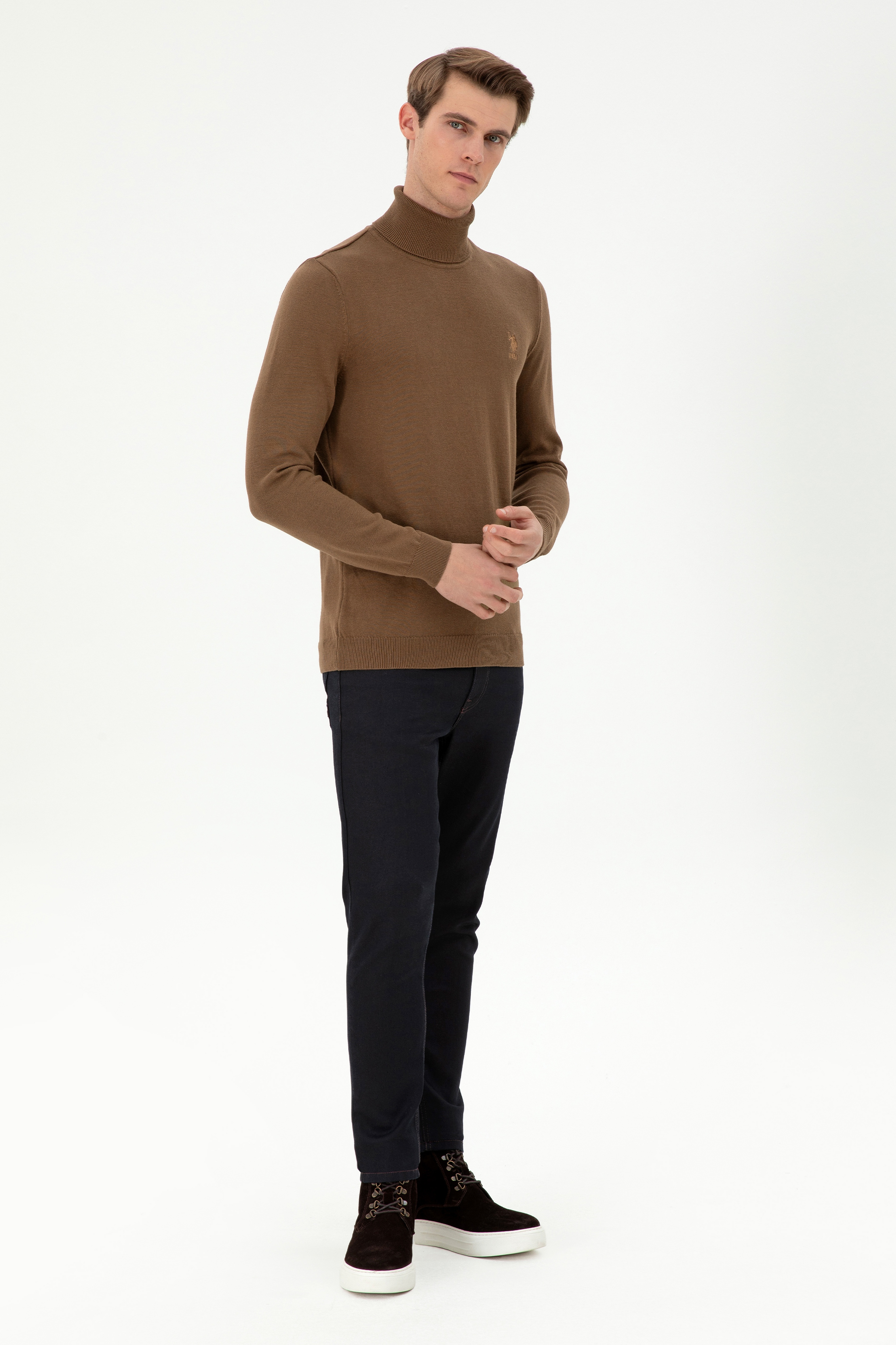 Erkek Slim Fit Boğazlı Yaka Haki Melanj Basic Kazak - Image 4