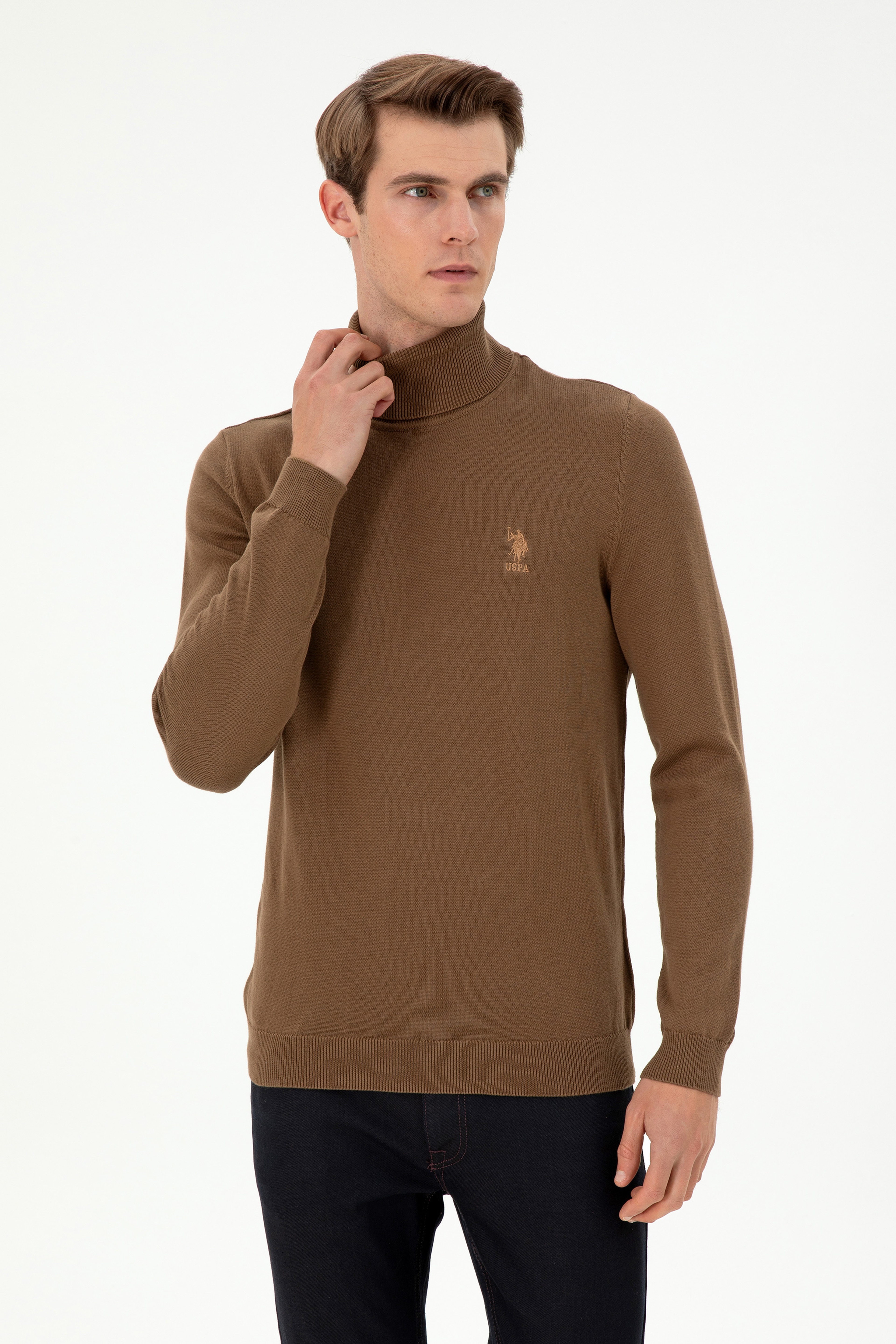 Erkek Slim Fit Boğazlı Yaka Haki Melanj Basic Kazak - Image 1