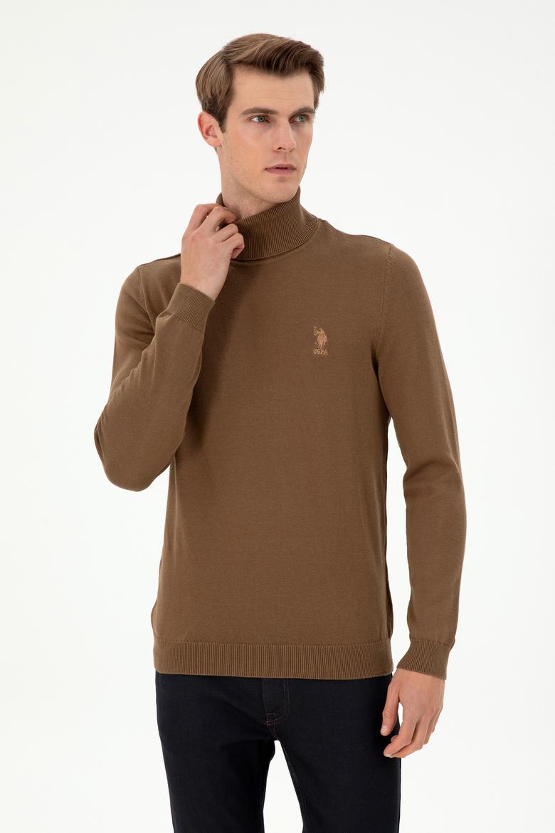 Erkek Slim Fit Boğazlı Yaka Haki Melanj Basic Kazak