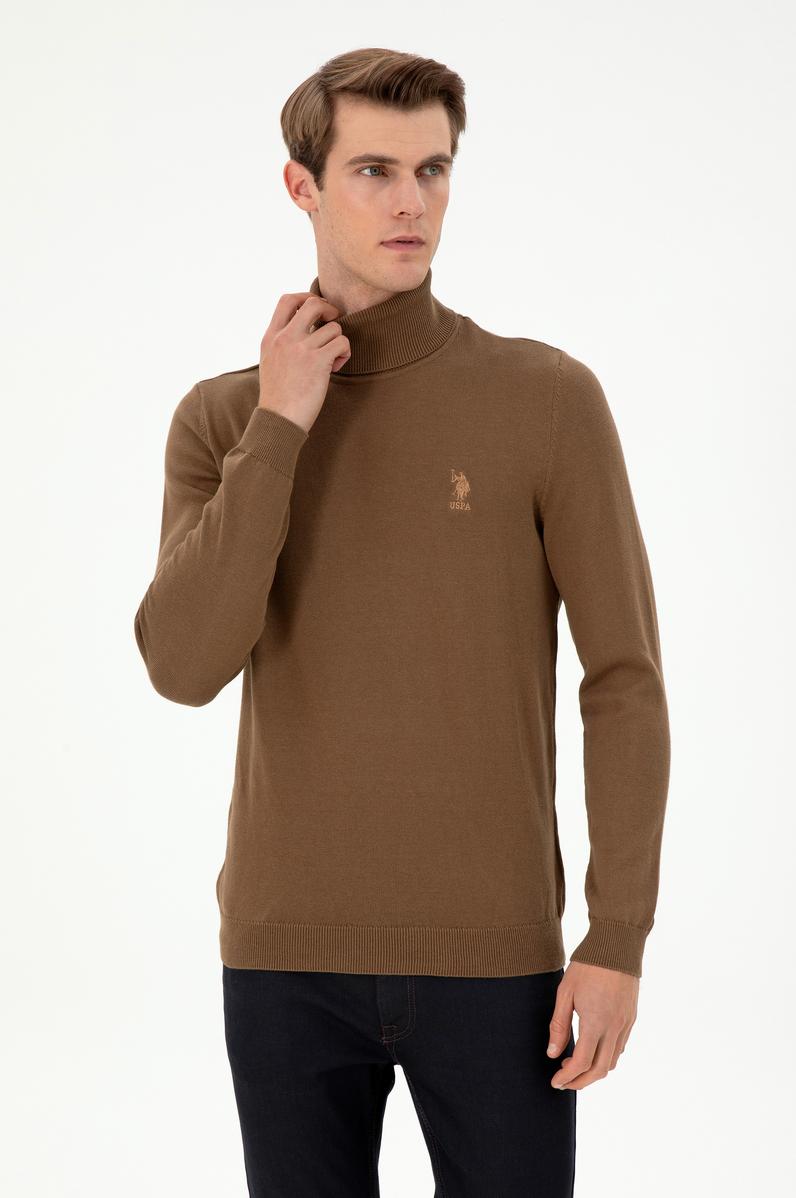 Erkek Slim Fit Boğazlı Yaka Haki Melanj Basic Kazak