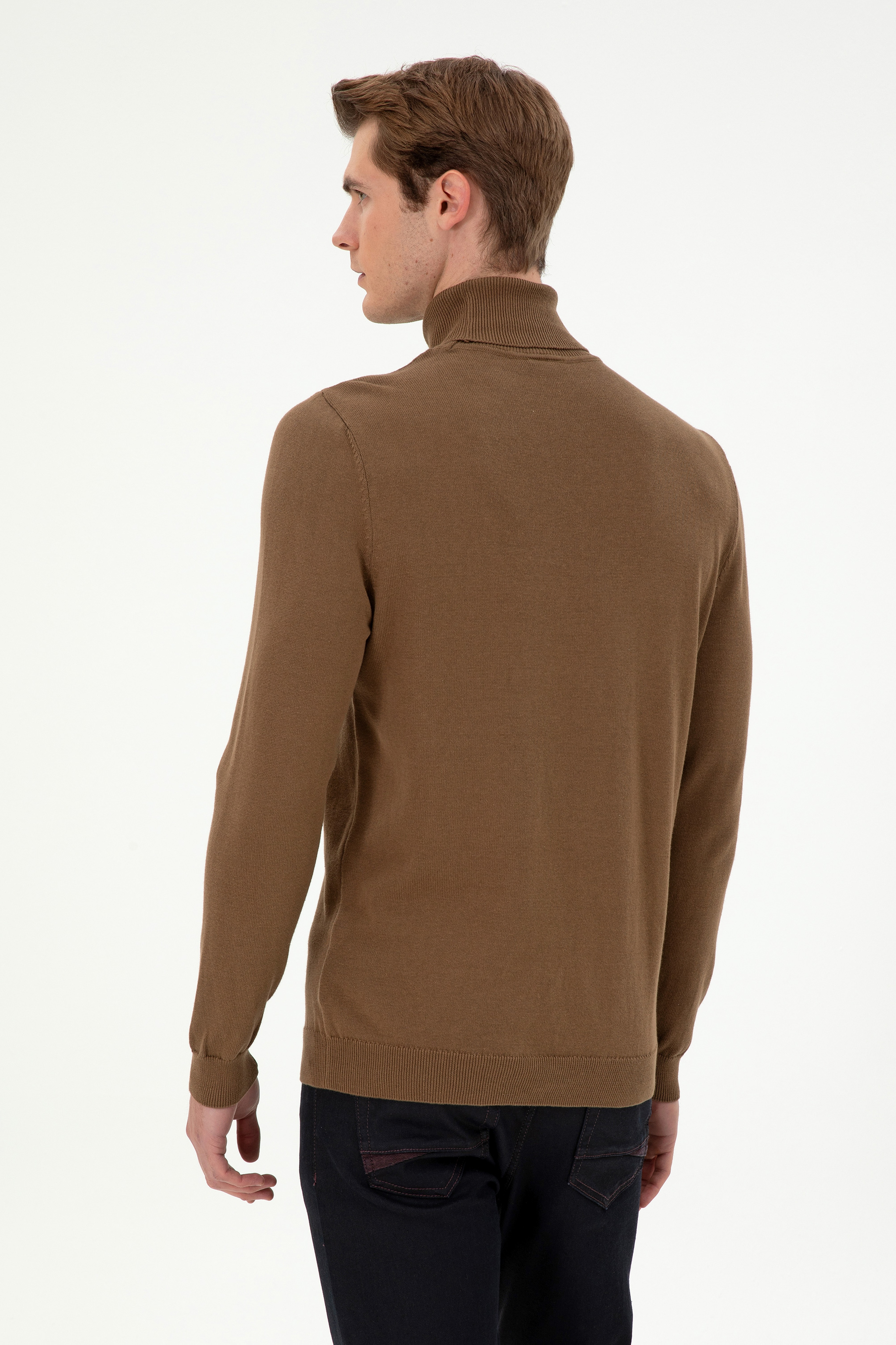 Erkek Slim Fit Boğazlı Yaka Haki Melanj Basic Kazak - Image 5