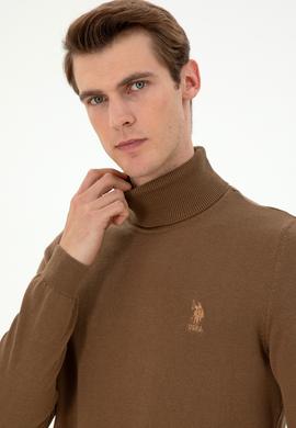 Erkek Slim Fit Boğazlı Yaka Haki Melanj Basic Kazak - 50288884114