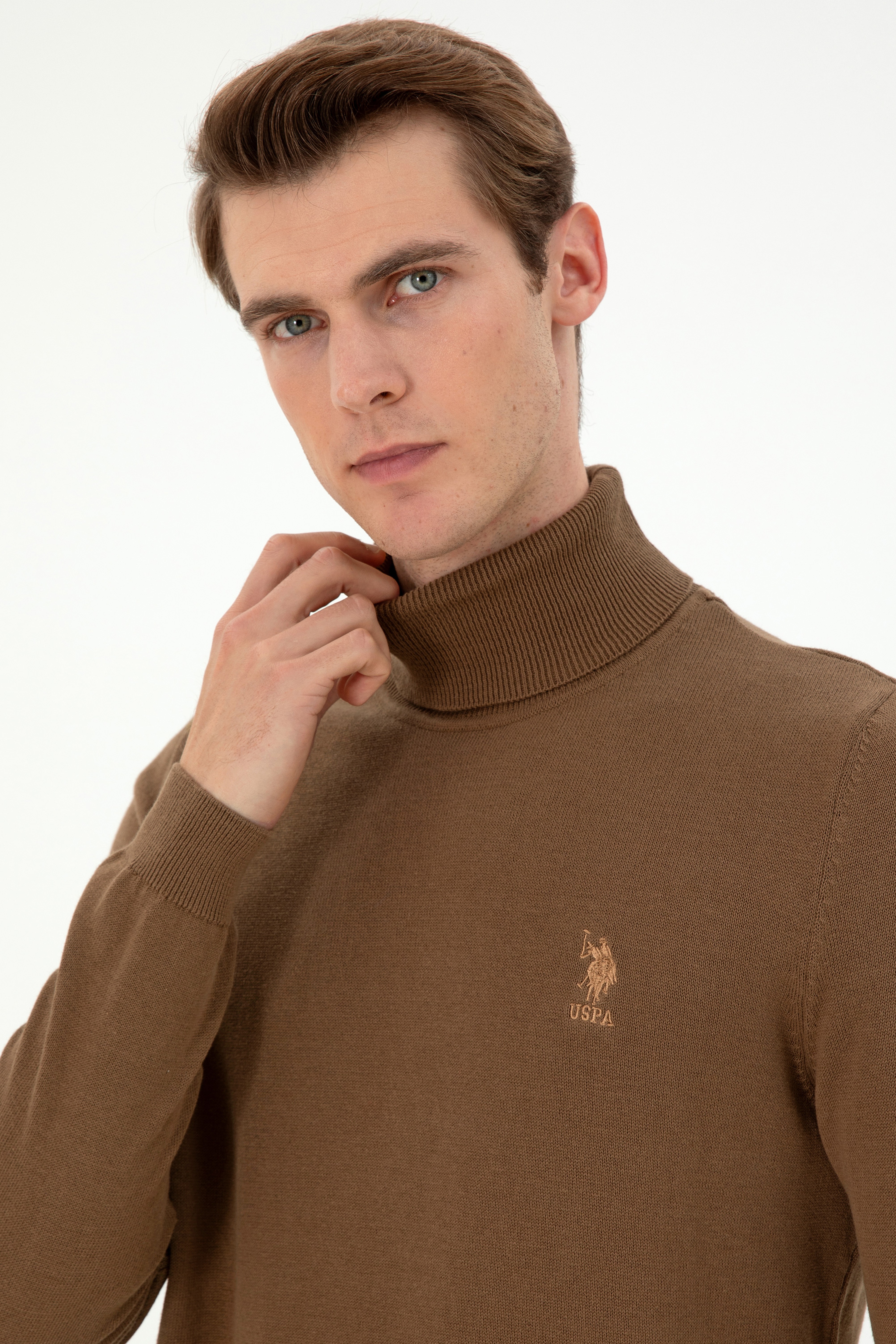 Erkek Slim Fit Boğazlı Yaka Haki Melanj Basic Kazak - Image 2