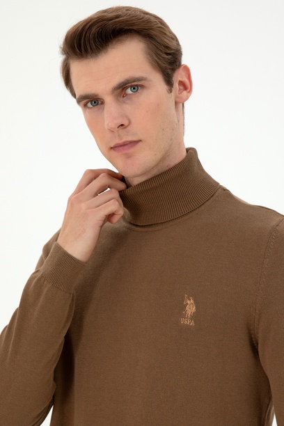 Erkek Slim Fit Boğazlı Yaka Haki Melanj Basic Kazak