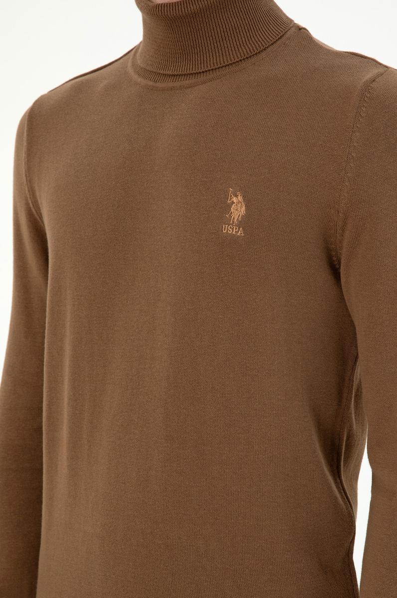 Erkek Slim Fit Boğazlı Yaka Haki Melanj Basic Kazak