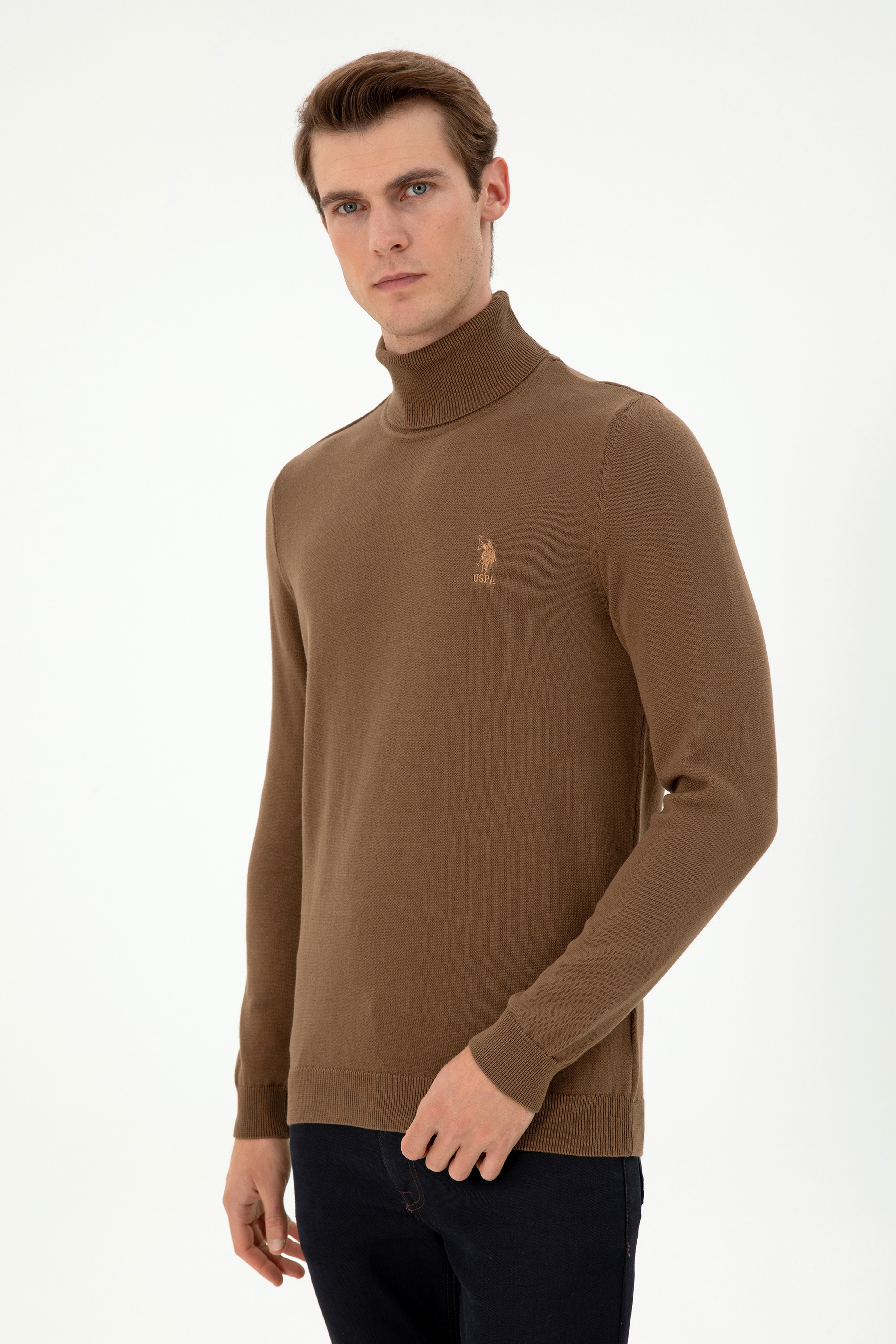 Erkek Slim Fit Boğazlı Yaka Haki Melanj Basic Kazak - Image 3