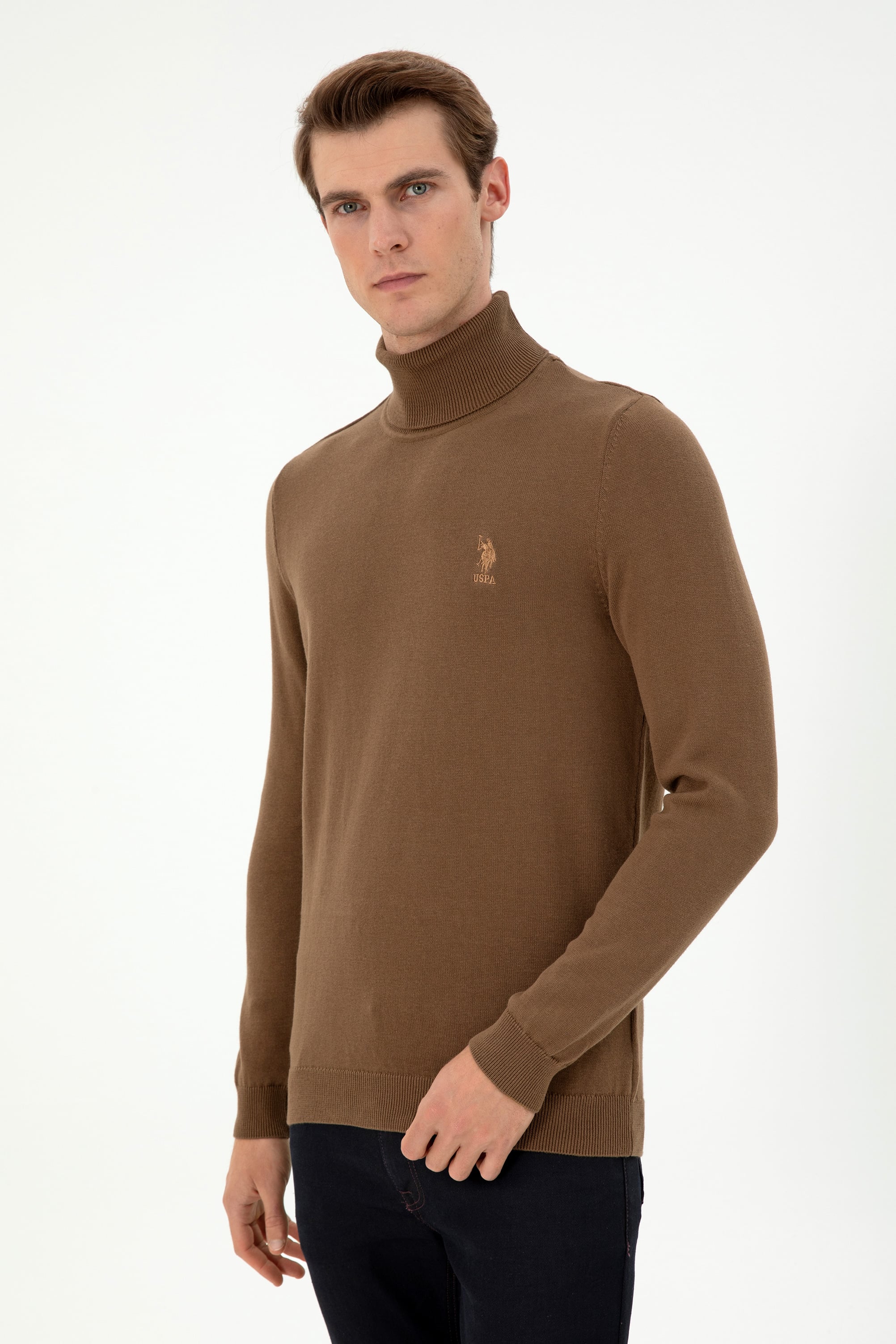 Erkek Slim Fit Boğazlı Yaka Haki Melanj Basic Kazak