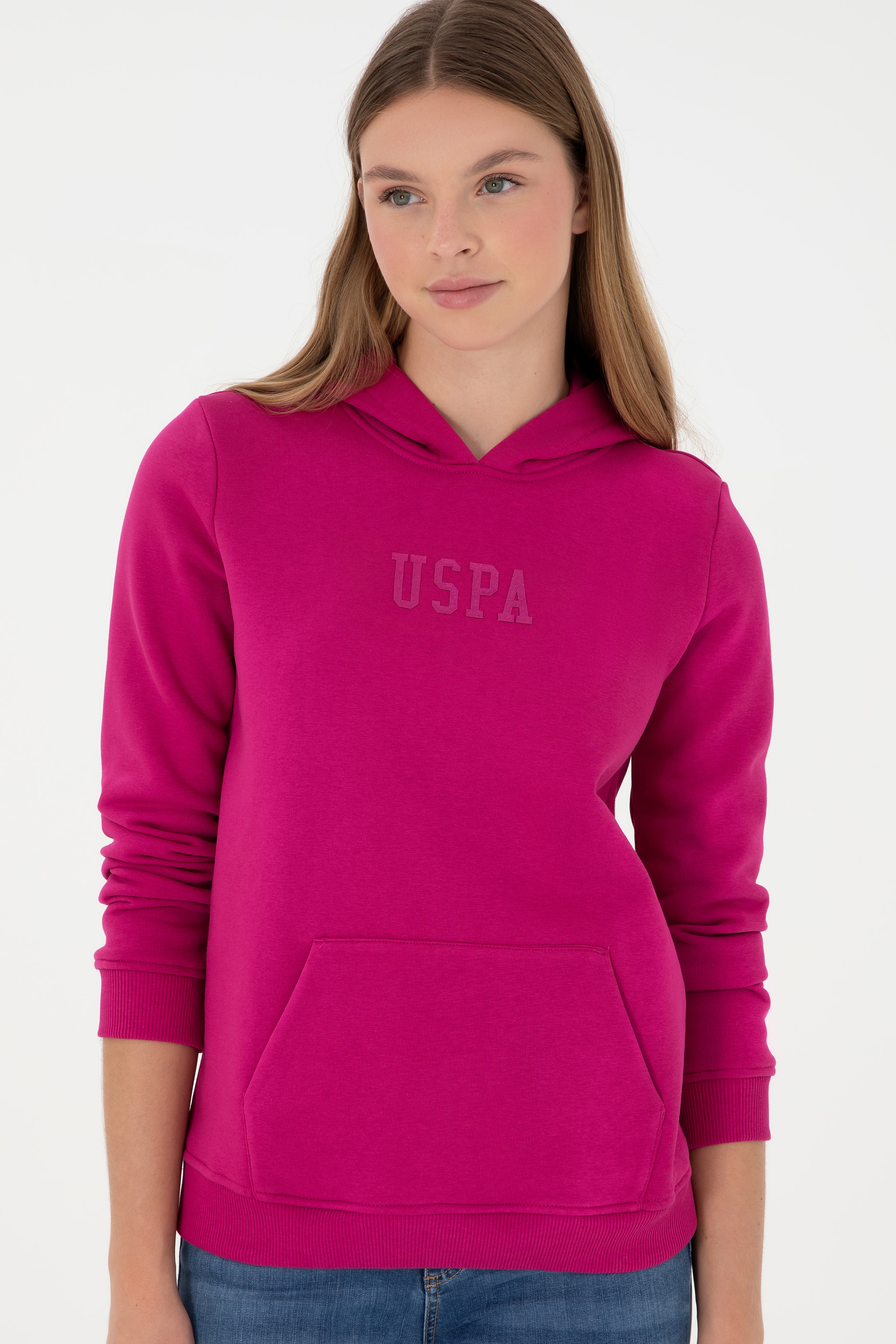 Kadın Fuşya Basic Kapüşonlu Sweatshirt - Image 3