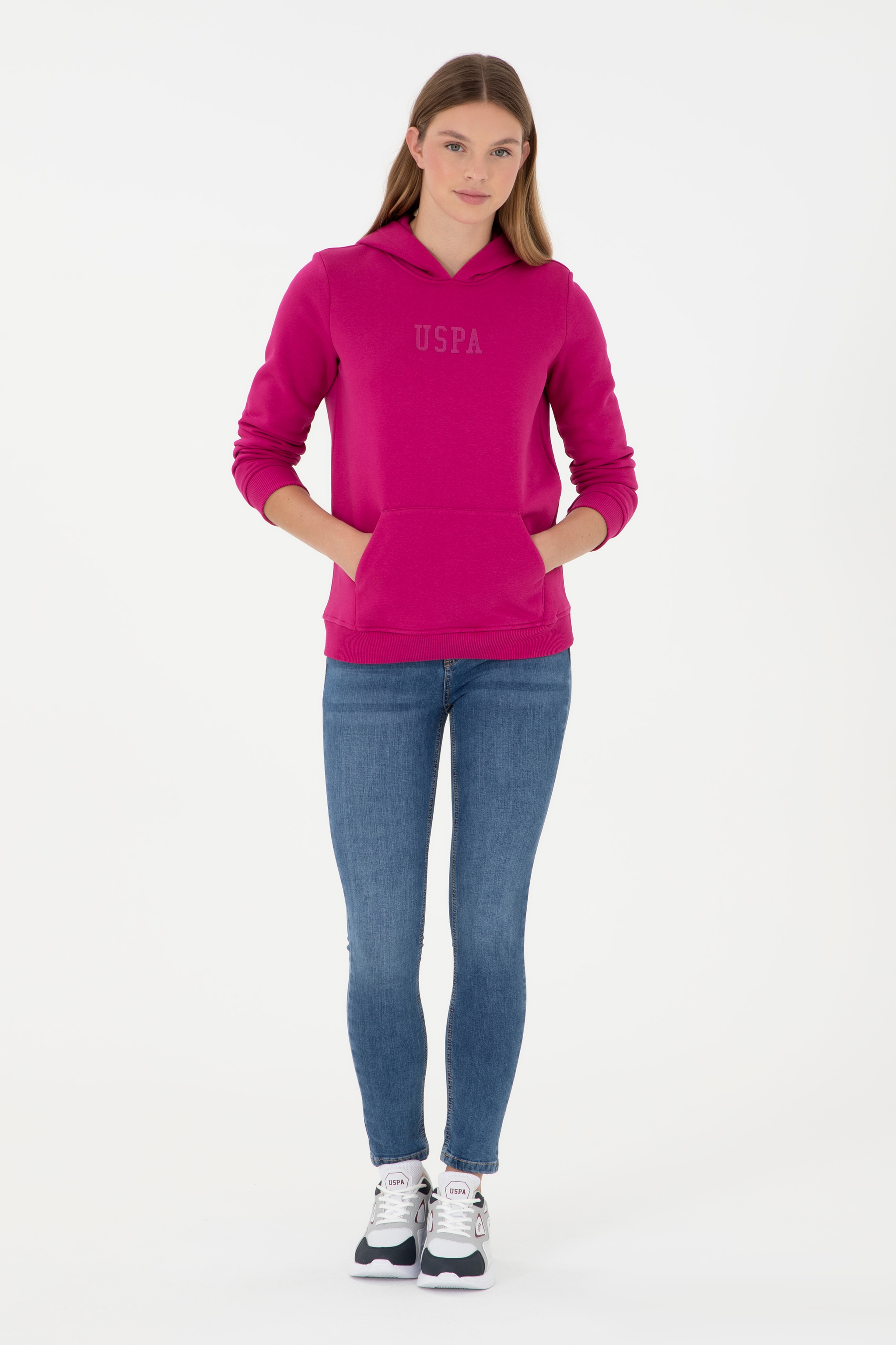 Kadın Fuşya Basic Kapüşonlu Sweatshirt - Image 4