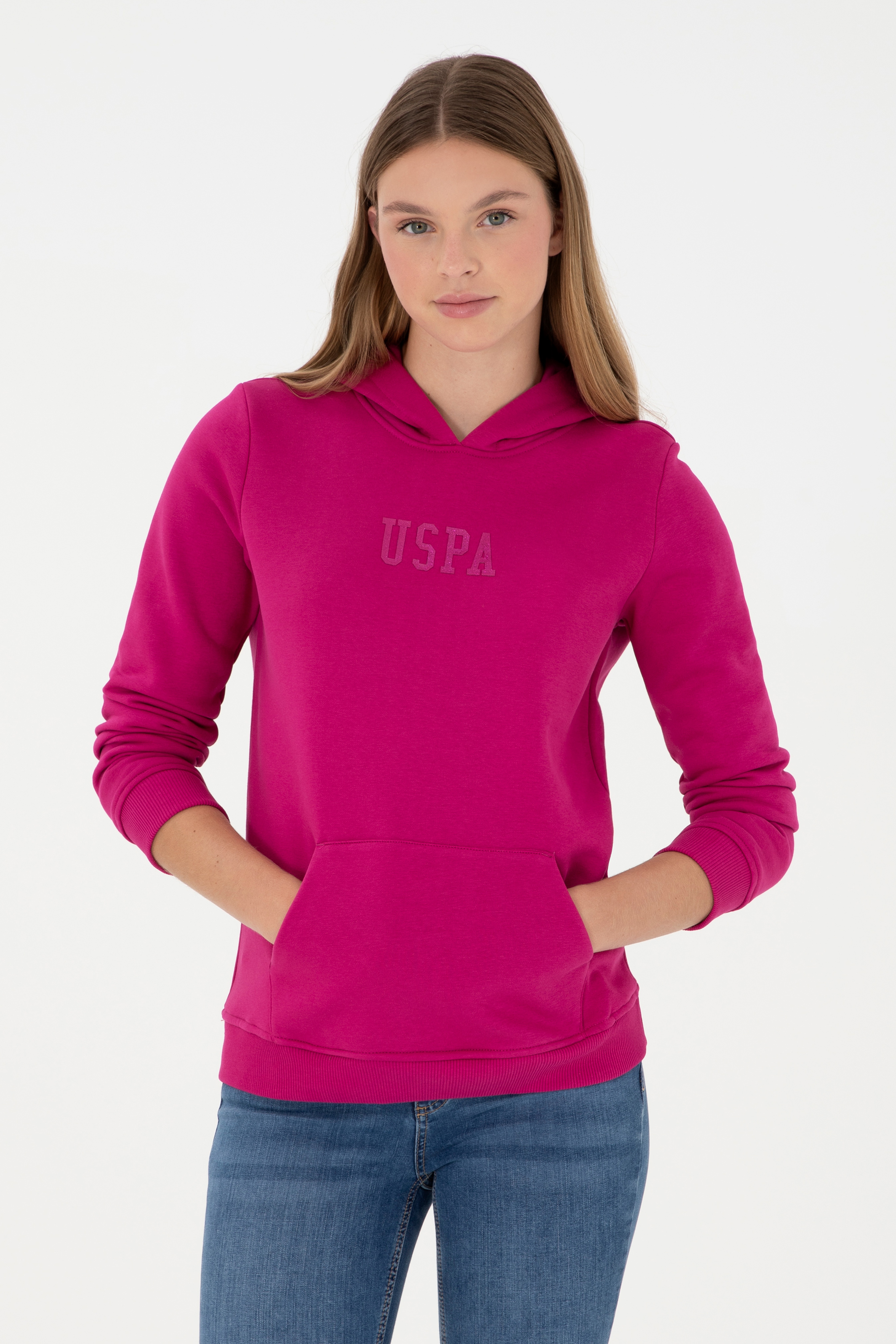 Kadın Fuşya Basic Kapüşonlu Sweatshirt - Image 1