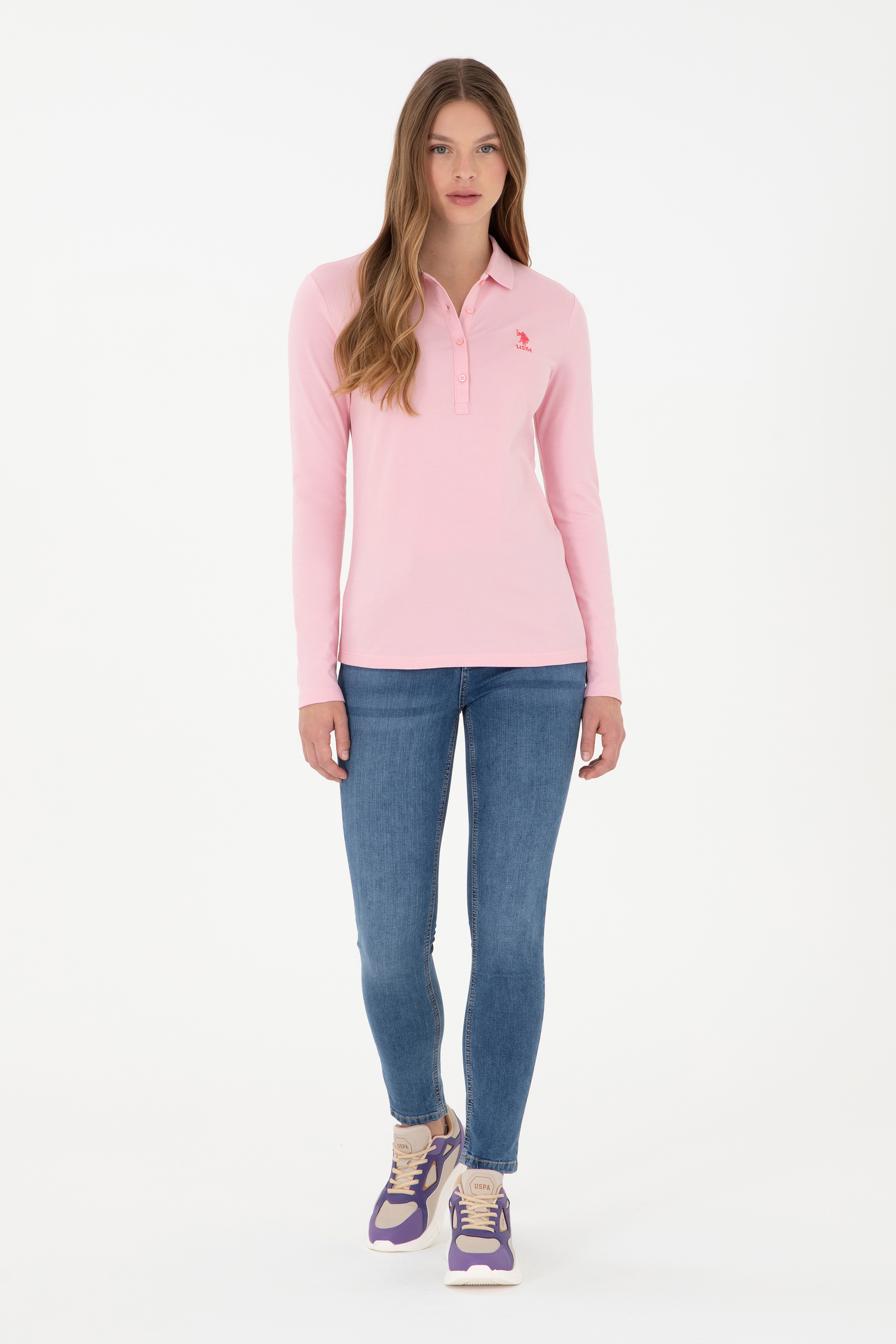 Kadın Pudra Basic Polo Yaka Sweatshirt