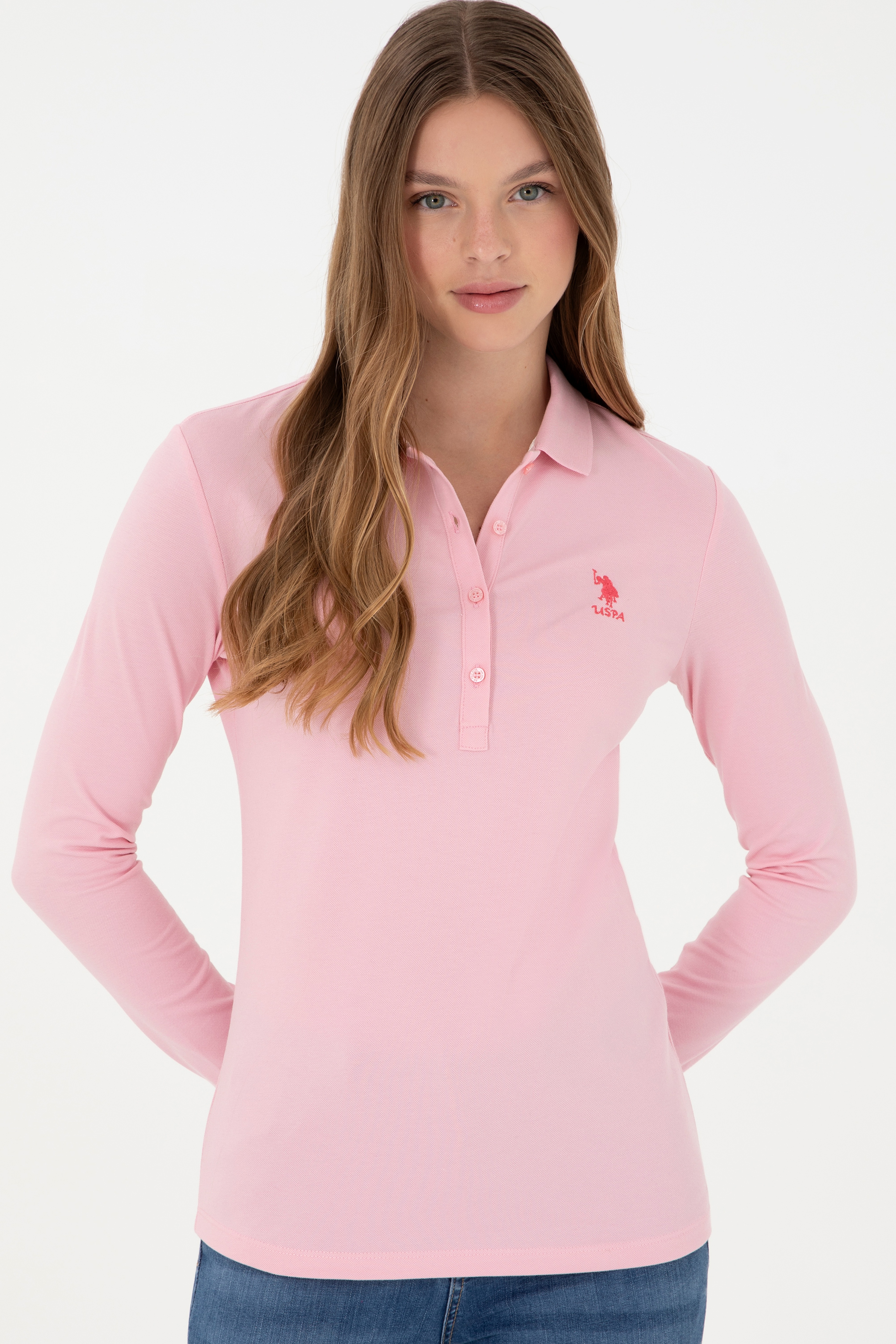 Kadın Pudra Basic Polo Yaka Sweatshirt - Image 3