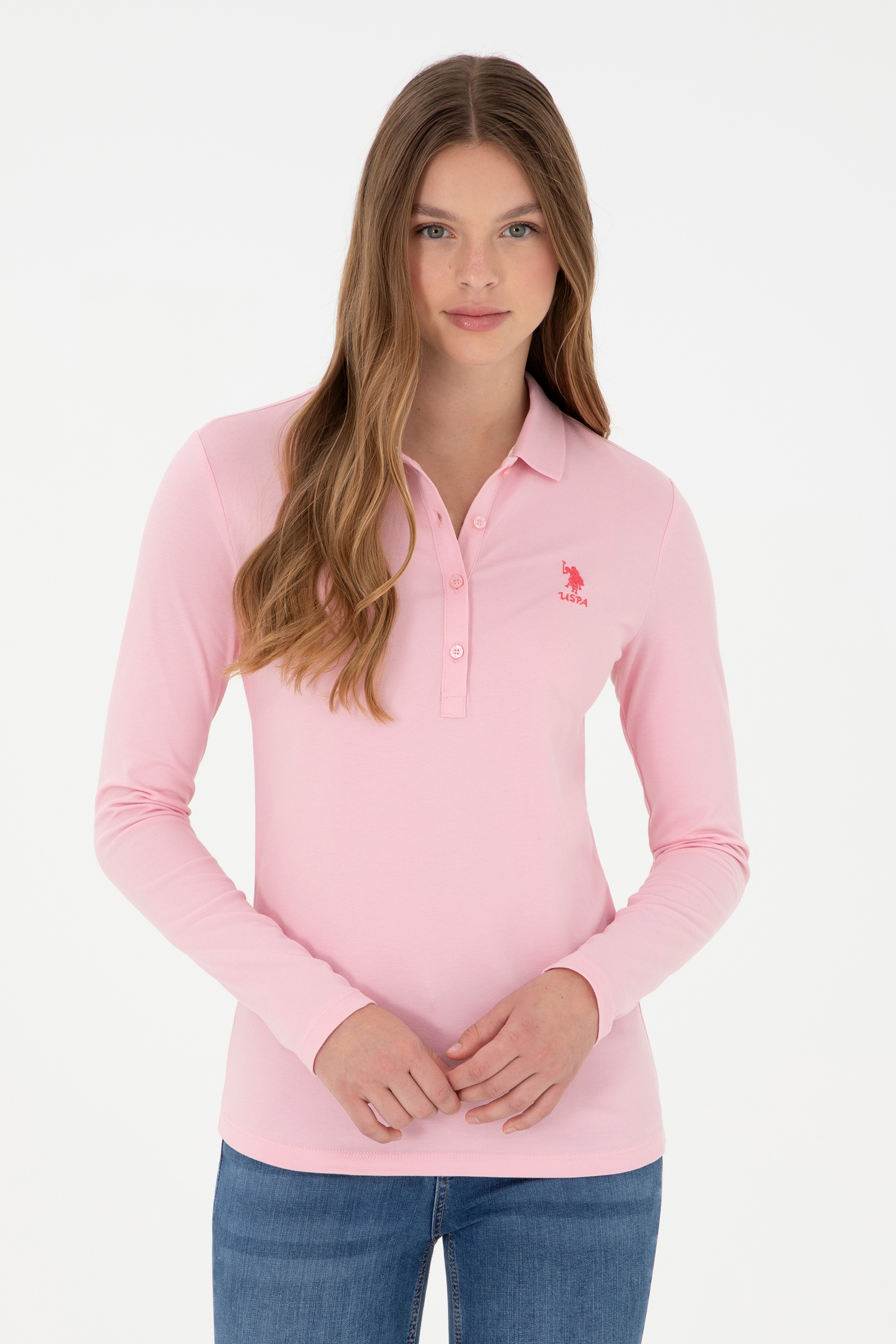Kadın Pudra Basic Polo Yaka Sweatshirt - Image 1