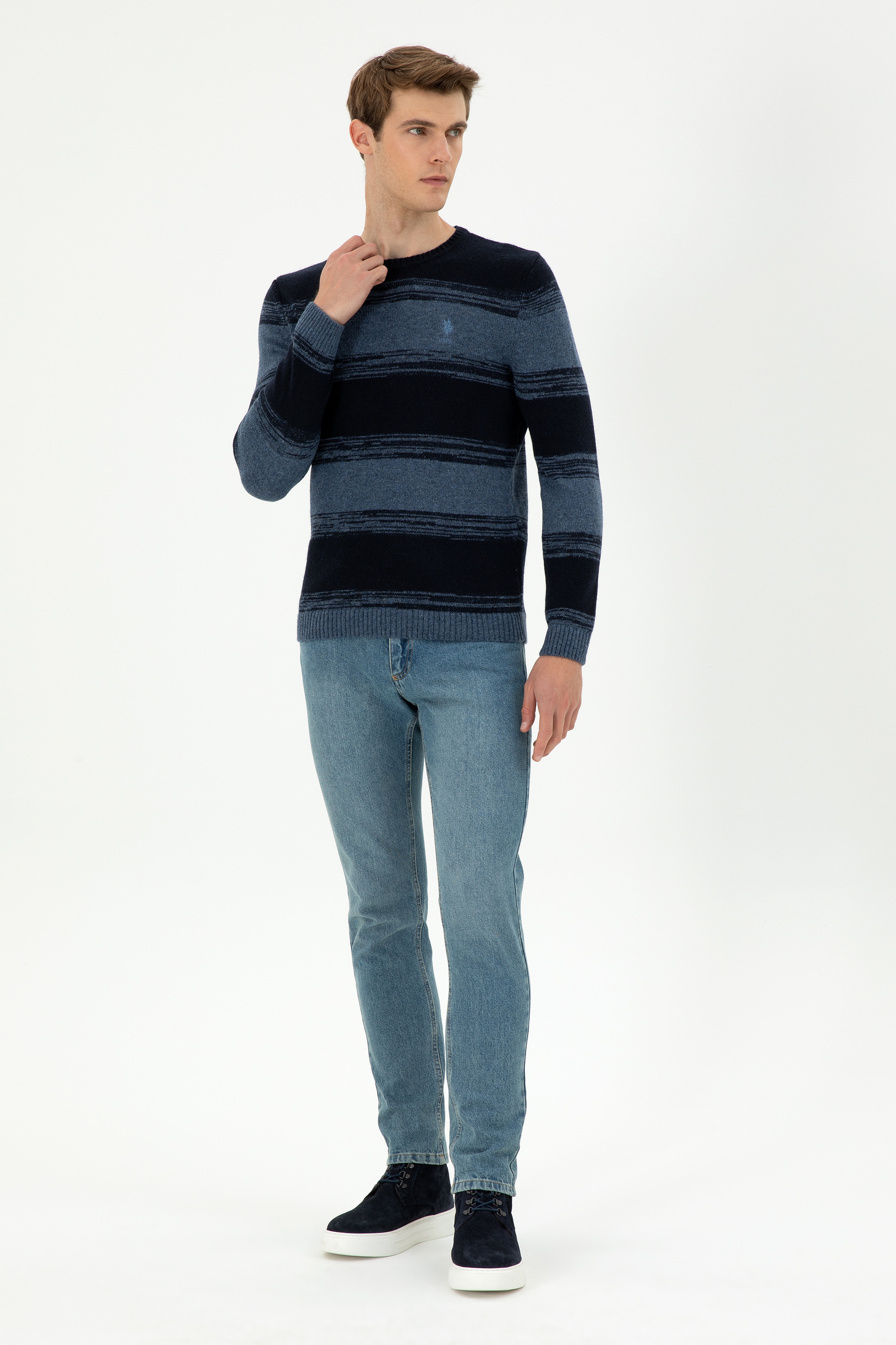 Erkek Slim Fit Bisiklet Yaka Saks Kazak