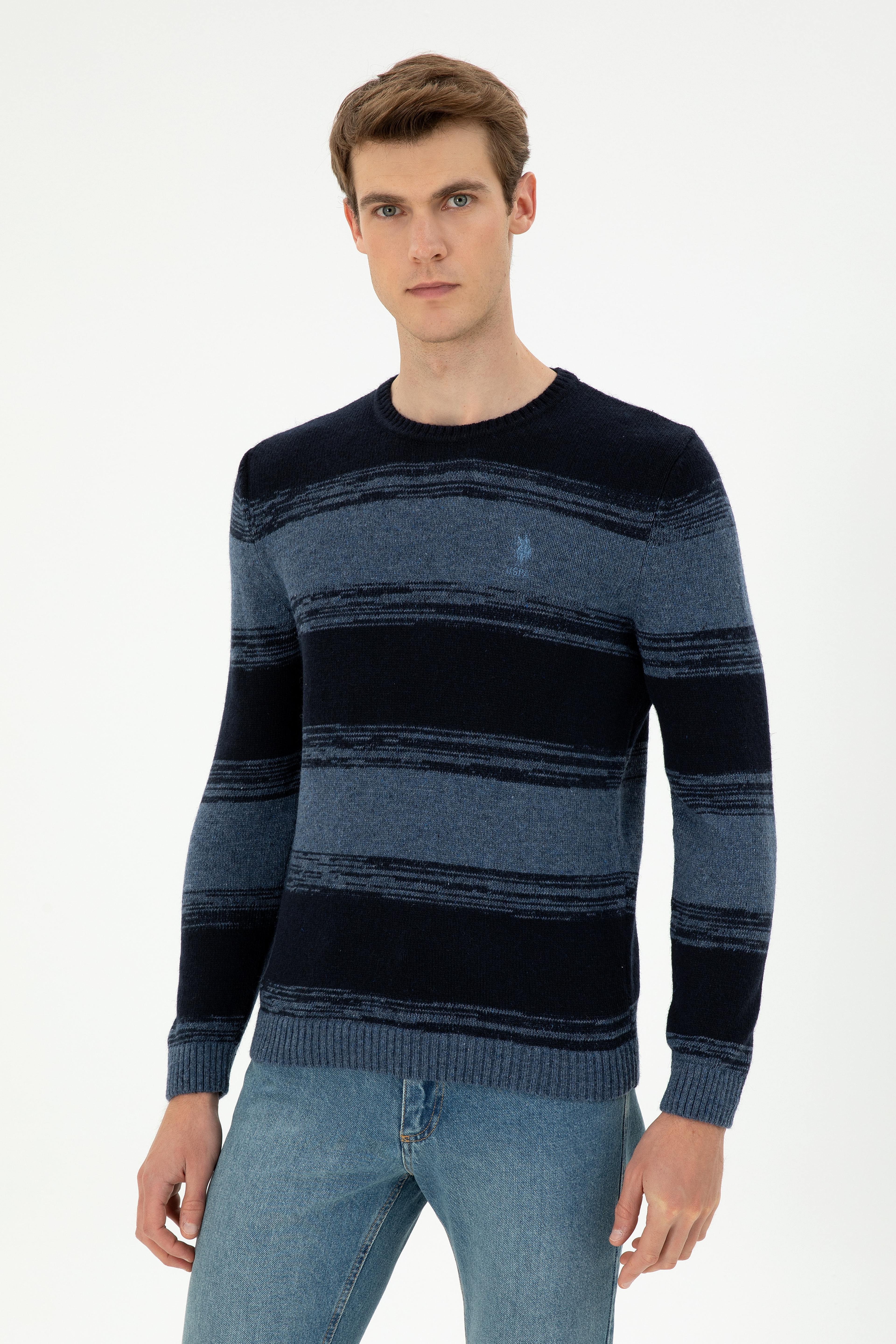 Erkek Slim Fit Bisiklet Yaka Saks Kazak - Image 1